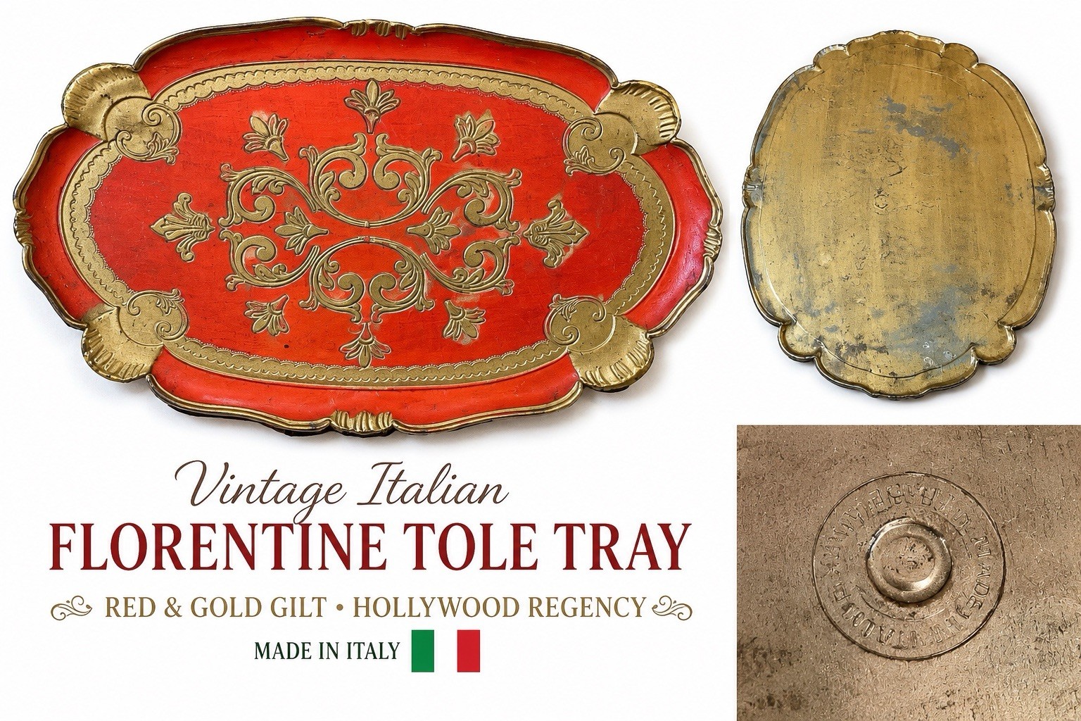 Vintage Italian Florentine Tole Tray Red Gold Gilt Hollywood Regency Made Italy