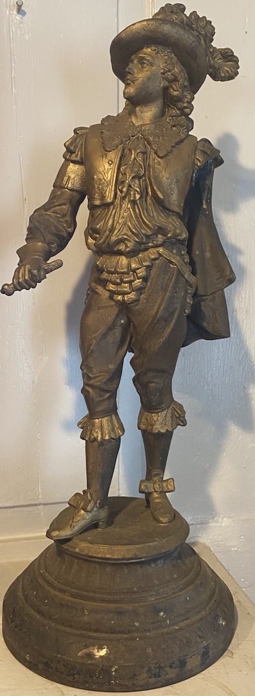 Antique French Spelter Cavalier Musketeer Statue 20” Victorian Figural Sculpture