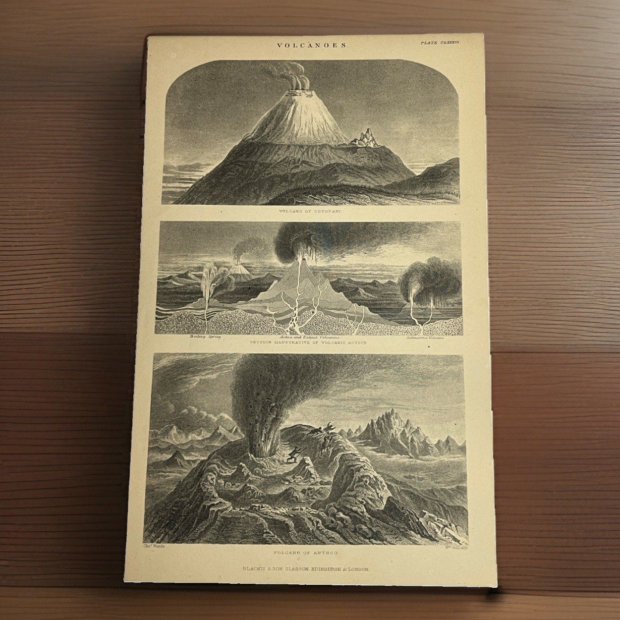 1874 Antique Volcanoes  3 Eruption Views Blackie Encyclopedia Engraving print BB