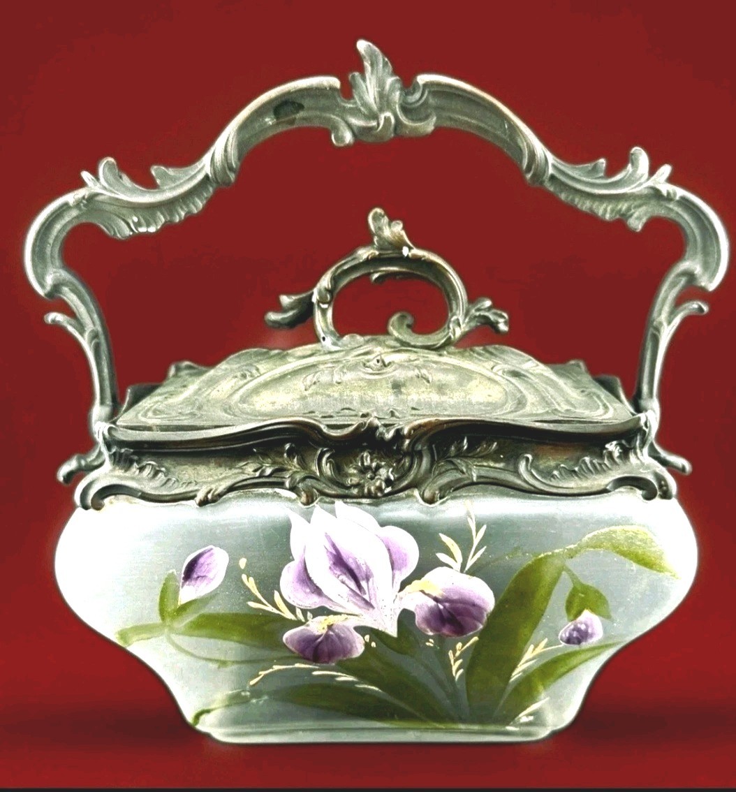 Antique Legras French Art Nouveau Enameled Frosted Glass Biscuit Jar Iris 1900