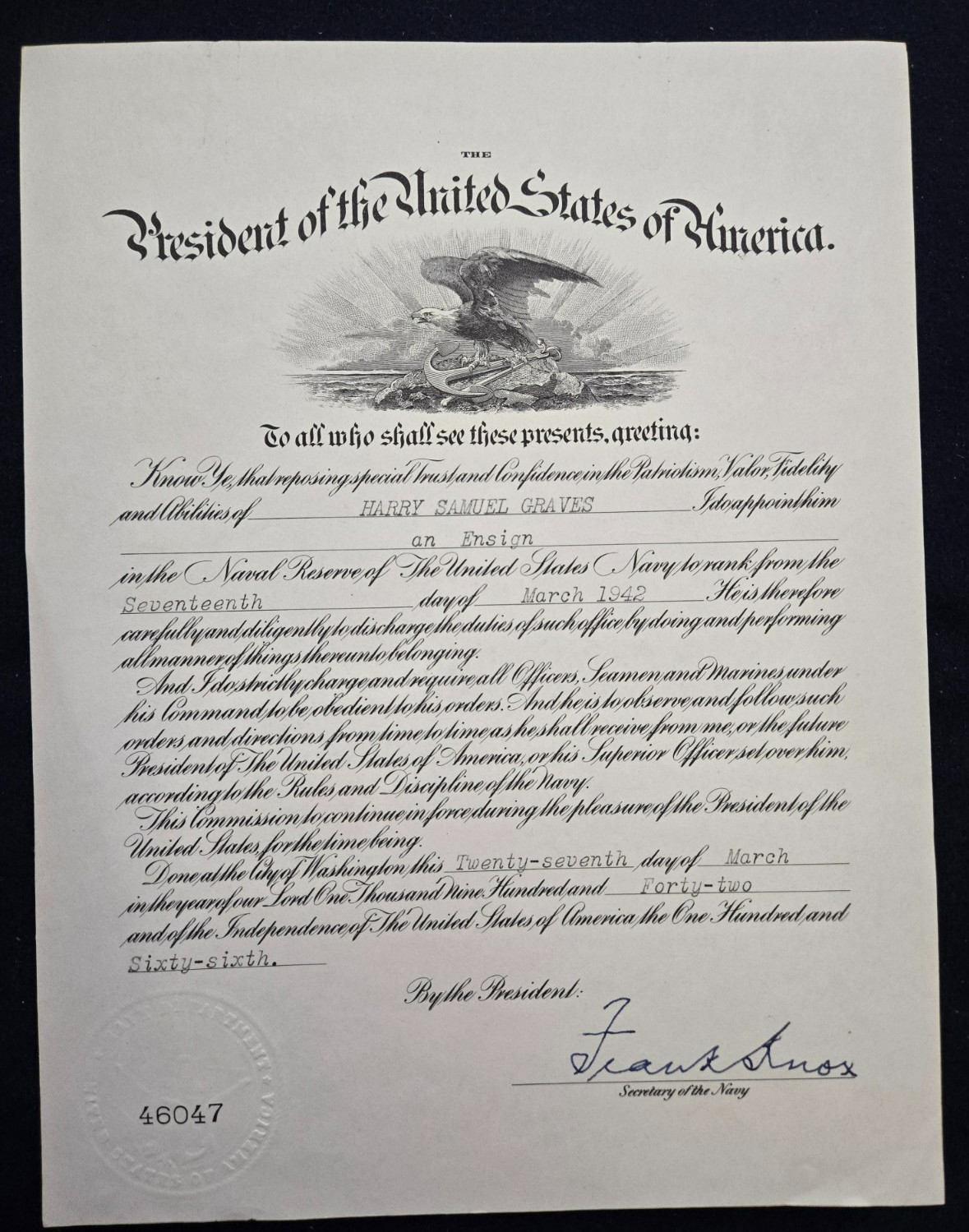 World War II U.S. Navy Commission Signed by Frank Knox Sec. of the Navy 1942
