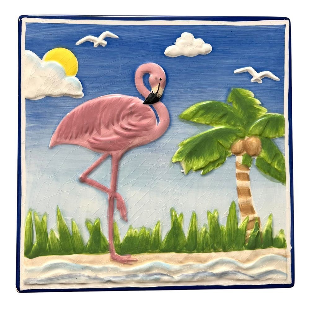Tropix Tropical Flamingo Palm Tree Ceramic Wall Art Plaque 8x8 Coastal Decor
