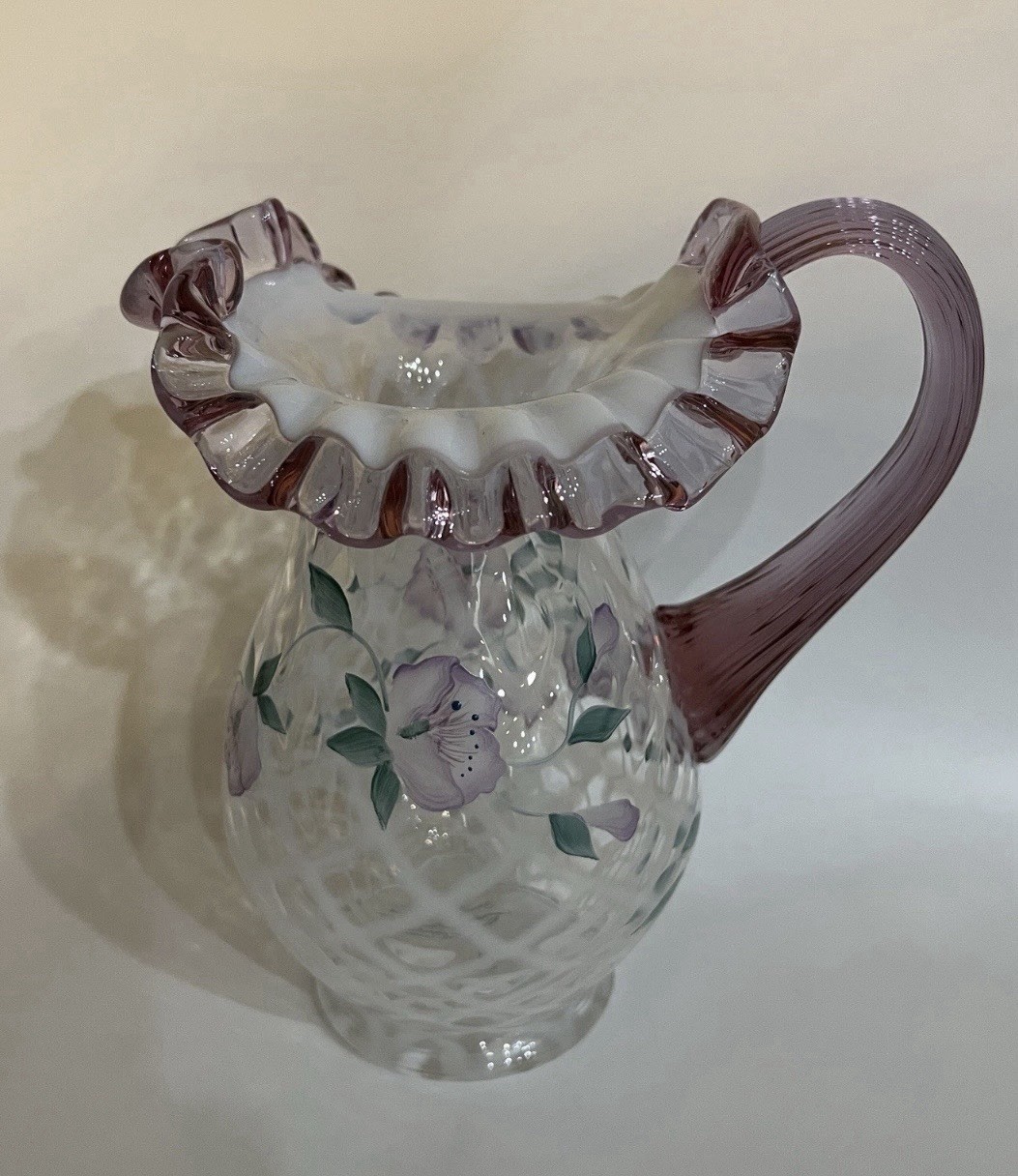 90s Fenton Pink Crest Diamond Optic Pitcher Hand Painted Signed M Lemon