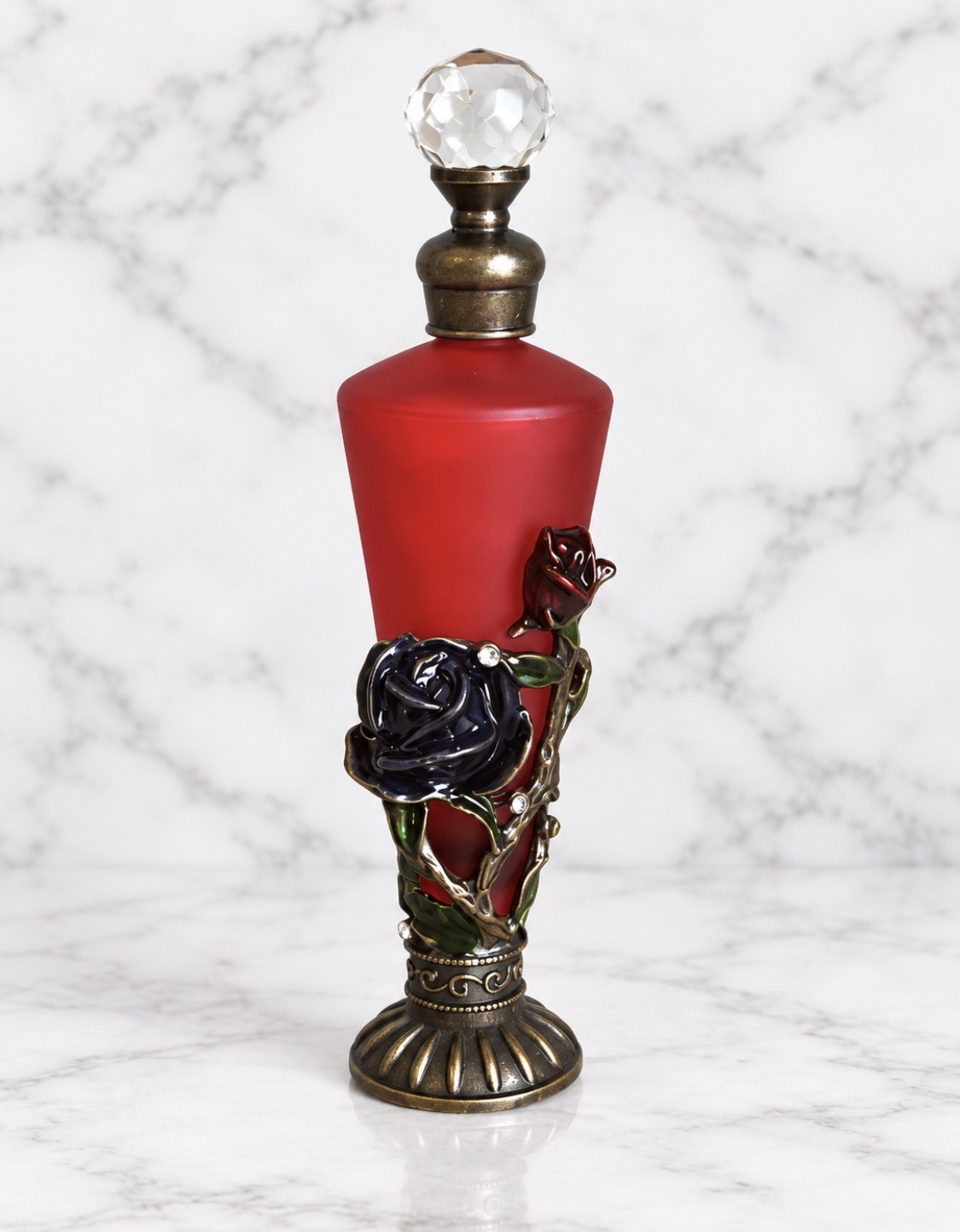 Frosted red glass floral Rose Ladies Metal enameled Empty Perfume Bottle Frosted red glass floral Rose Ladies Metal enameled Empty Perfume Bottle