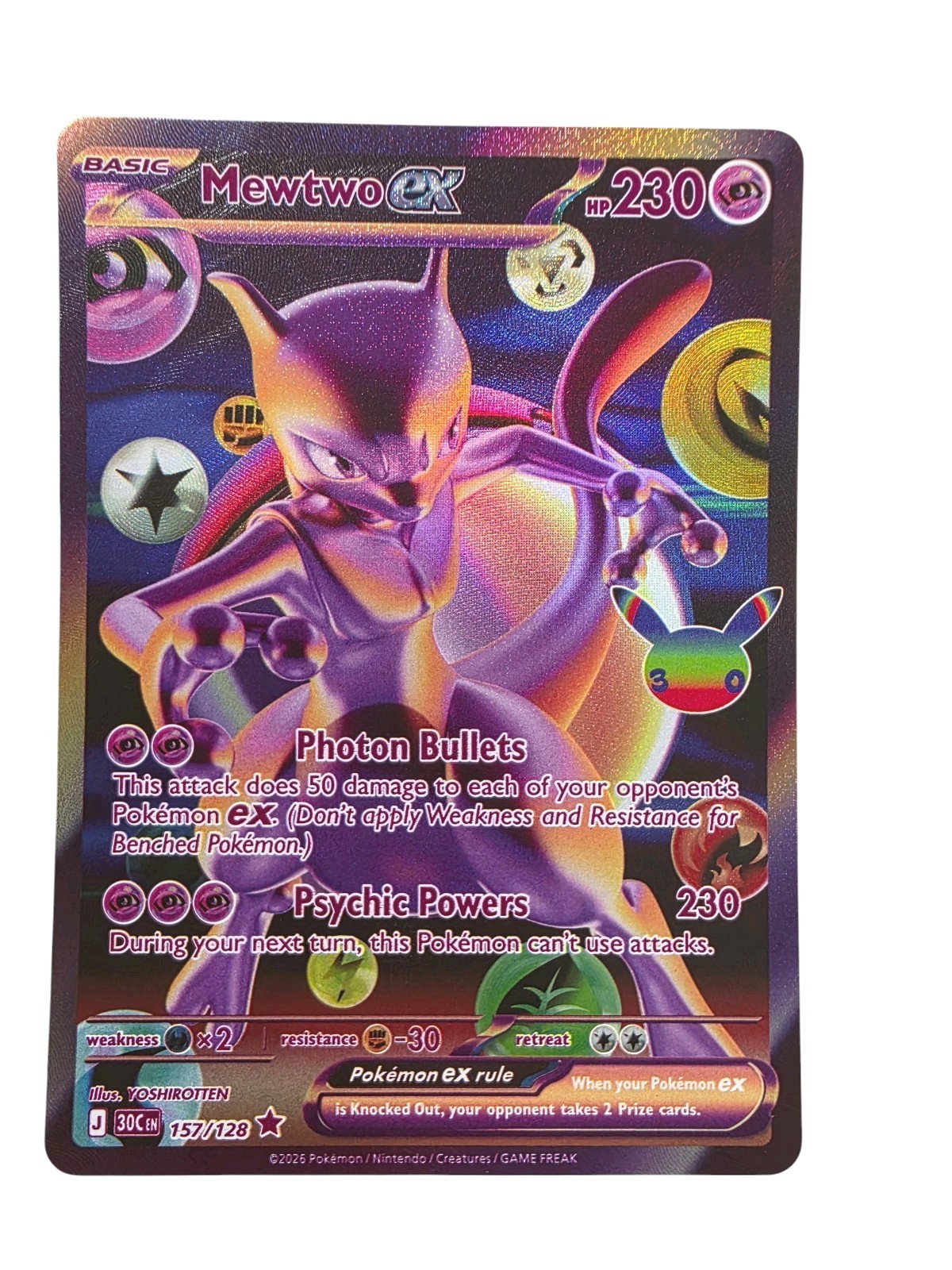 Pokemon Mewtwo Ex 30th Anniversary Futuristic Rare 157/128 English NM Card Pokemon Mewtwo Ex 30th Anniversary Futuristic Rare 157/128 English NM Card