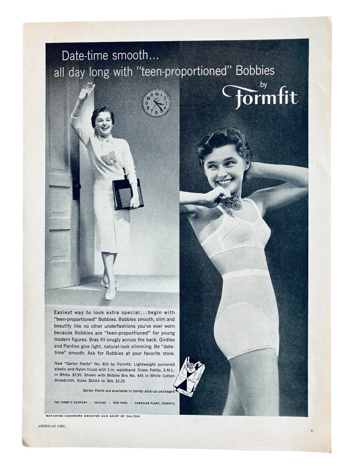 Formfit Lingerie Print Ad Bobbies Teen Proportioned  1957