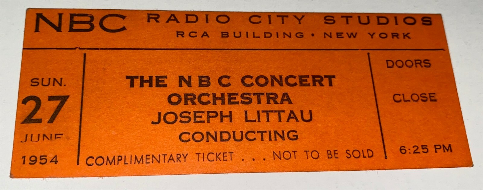 Rare Antique Vintage NBC Concert Orchestra Ticket Radio City RCA NY C.1954
