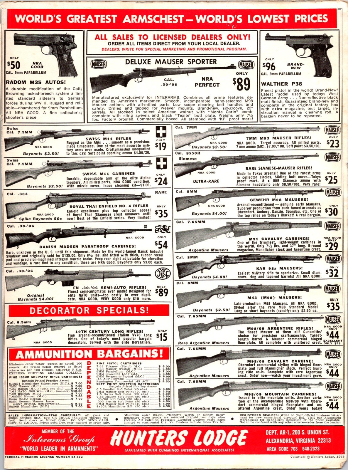 Hunter's Lodge 1968 surplus firearms print ad M98 Radom Mauser P38