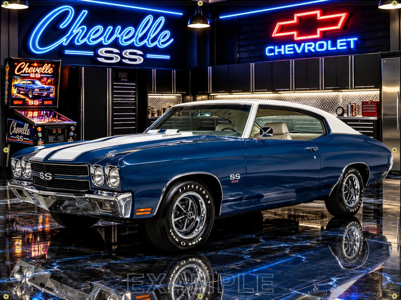 1970 CHEVROLET CHEVELLE SS FATHOM BLUE GARAGE SCENE BANNER MURAL ART SIZE OPTION