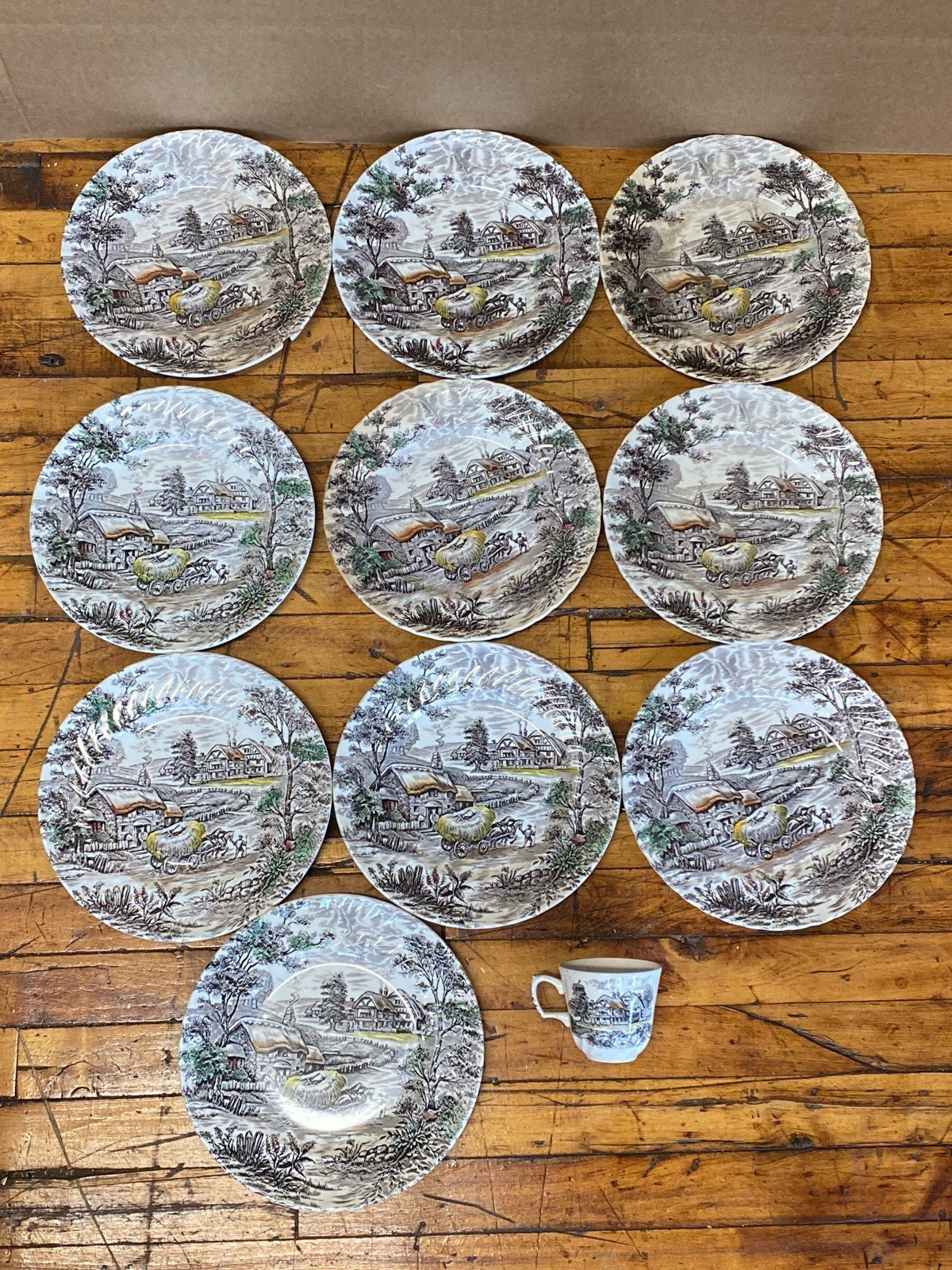 Staffordshire Yorkshire Ironstone 10 Dinner Plates 9.75 England Farm Scene + Cup
