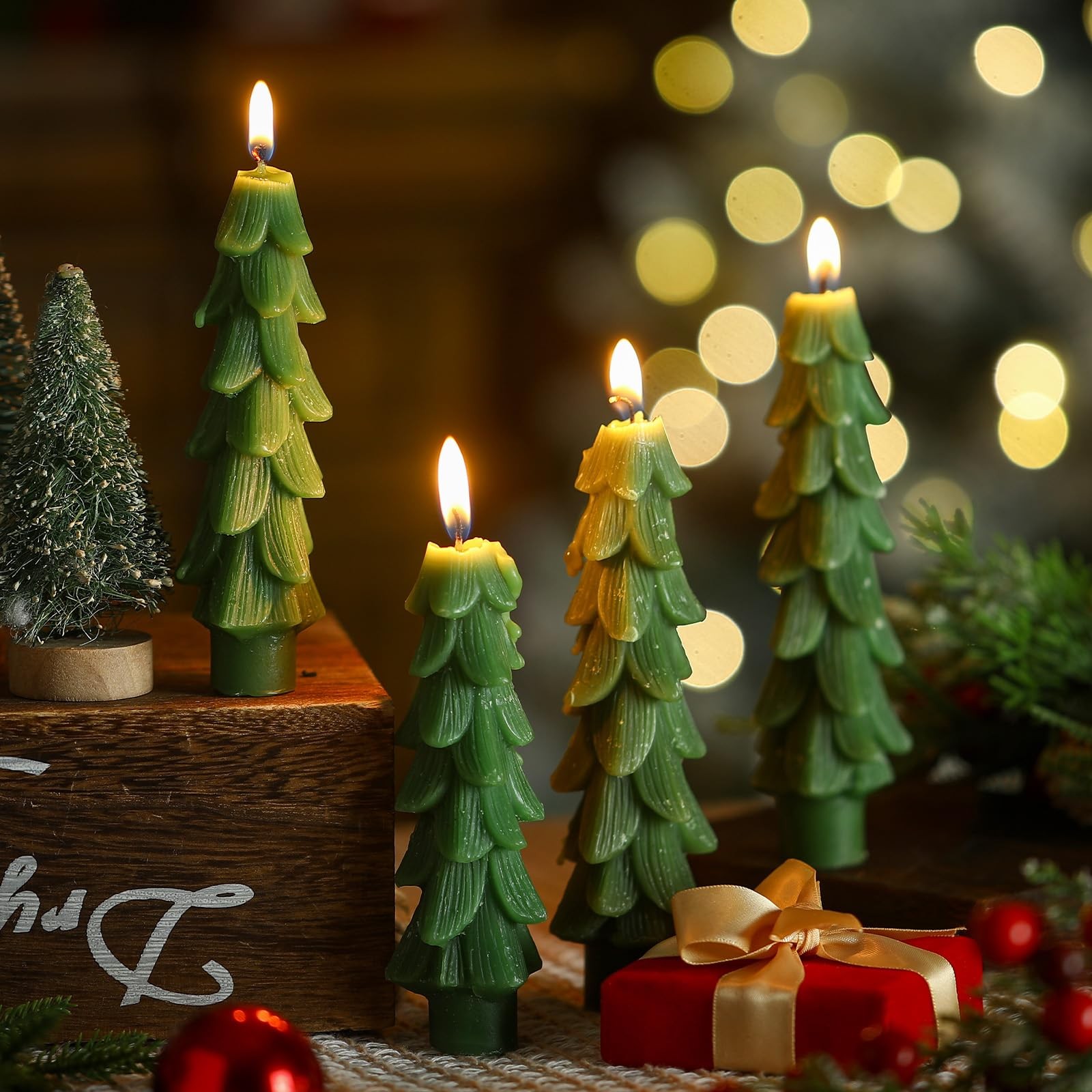 4 PCS 5 Inch Green Christmas Tree Shaped Taper Candles Xmas Holiday Decor