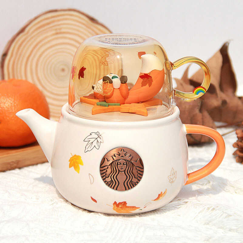 Starbucks China 2022 Autumn Forest Fox Maple Leaf 480ml Ceramic Teapot Cup Set