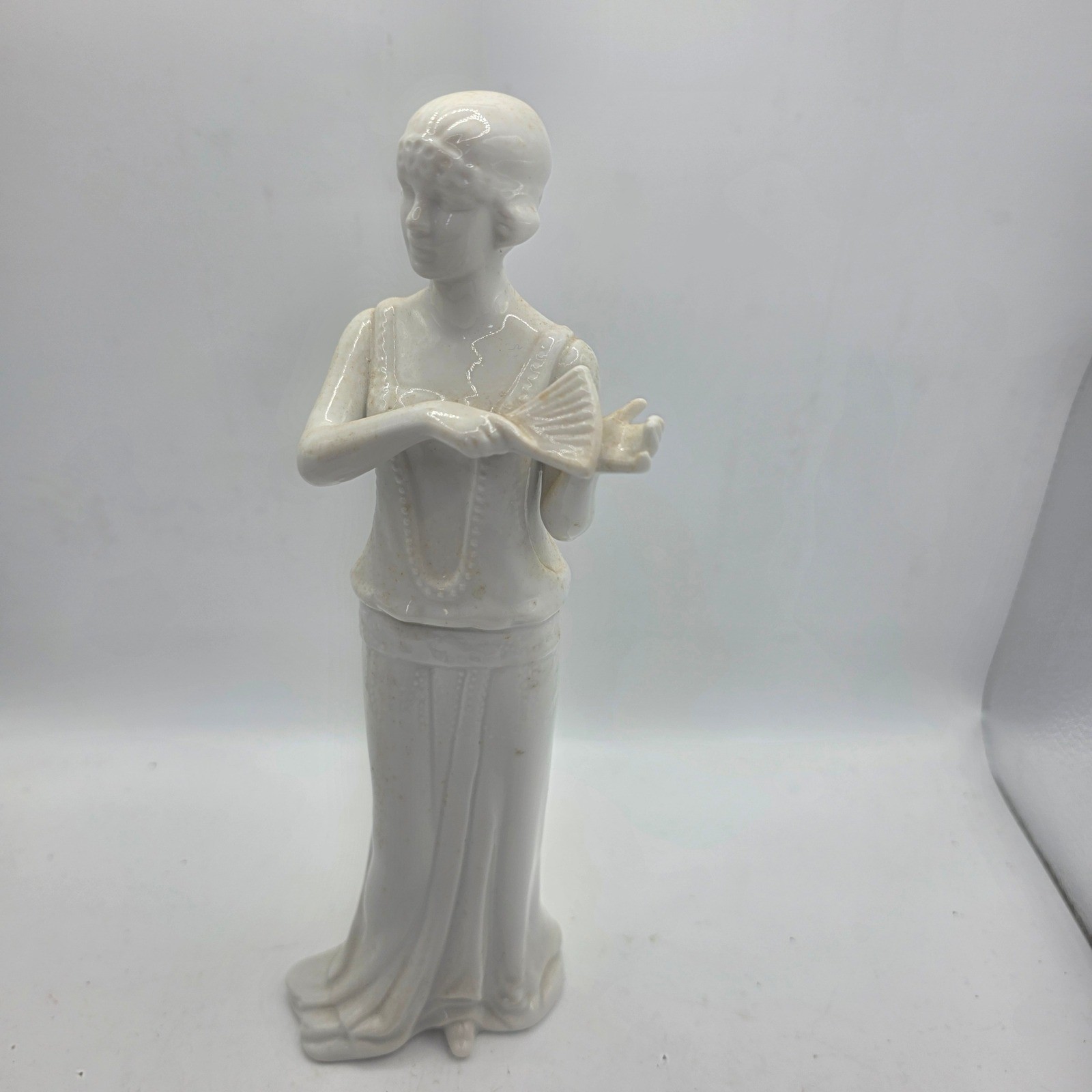 Vintage Art Deco Style Flapper Lady Porcelain Figurine Woman Holding Fan White Vintage Art Deco Style Flapper Lady Porcelain Figurine Woman Holding Fan White