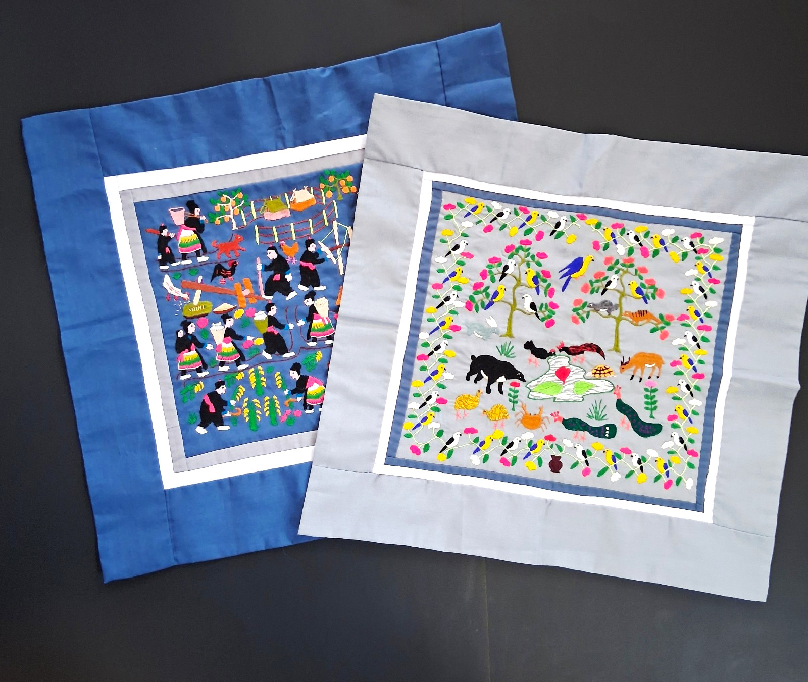 VTG Hmong Story Cloth Pair Hand Embroidered Paj Ntaub Village Animals Folk Art VTG Hmong Story Cloth Pair Hand Embroidered Paj Ntaub Village Animals Folk Art