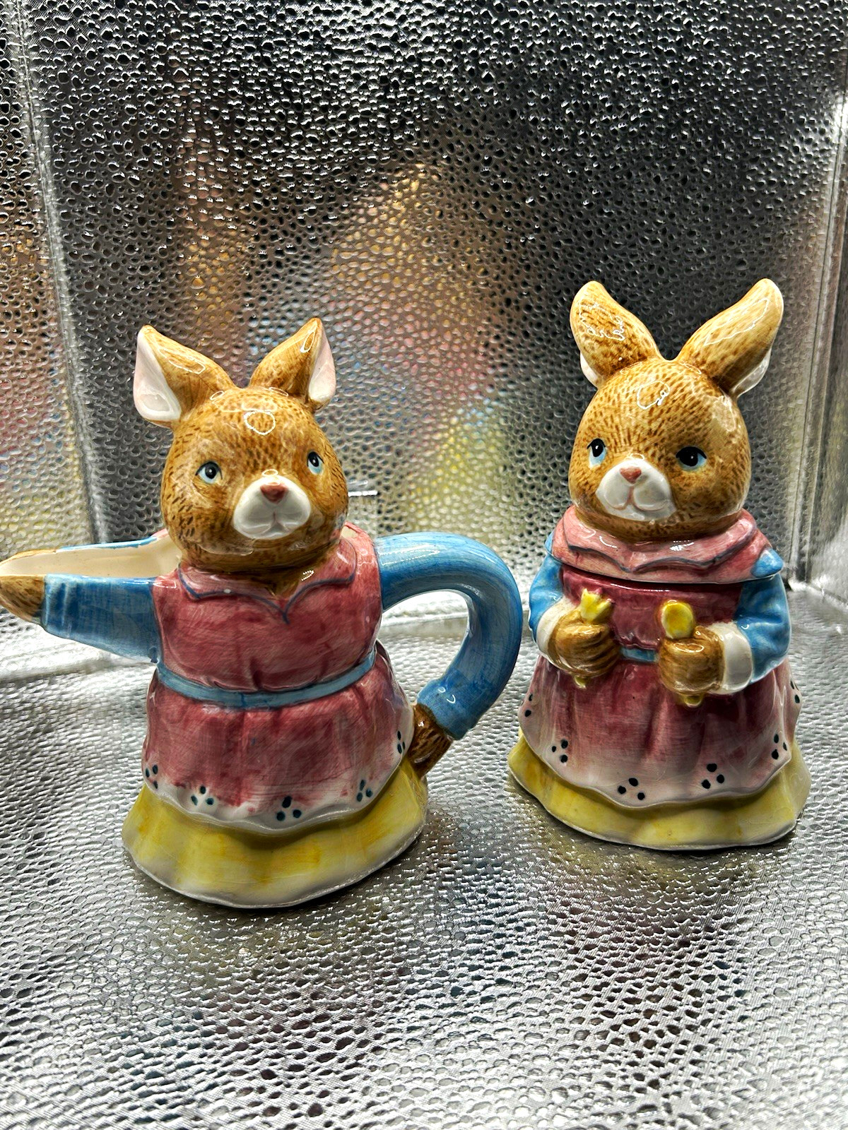Vintage Battat Ceramic Rabbit Creamer & Sugar Bowl Set - Hand Painted Easter Dec
