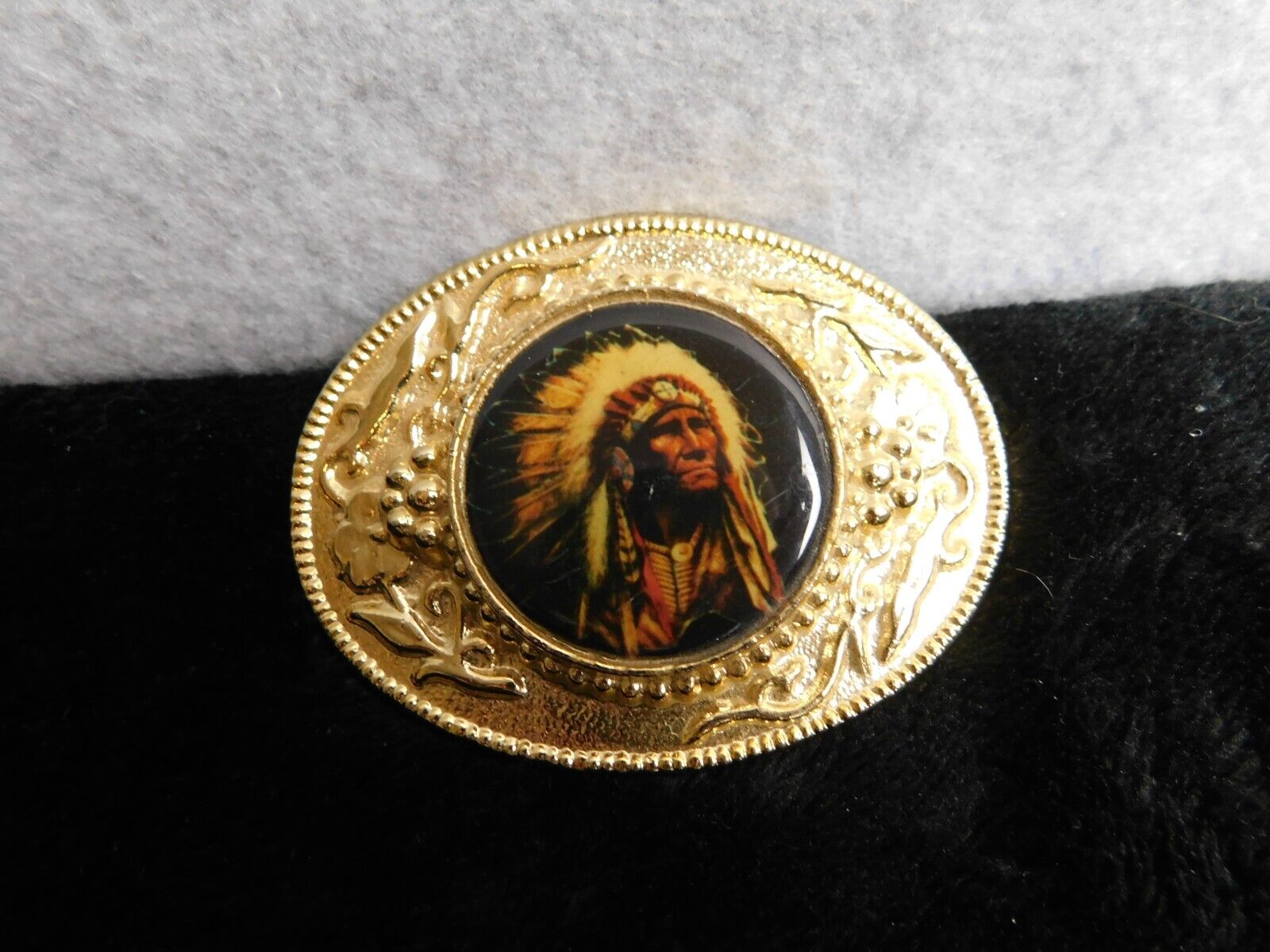 Vintage Gold Metal Native American Indian Chief Headdress Belt Buckle RARE