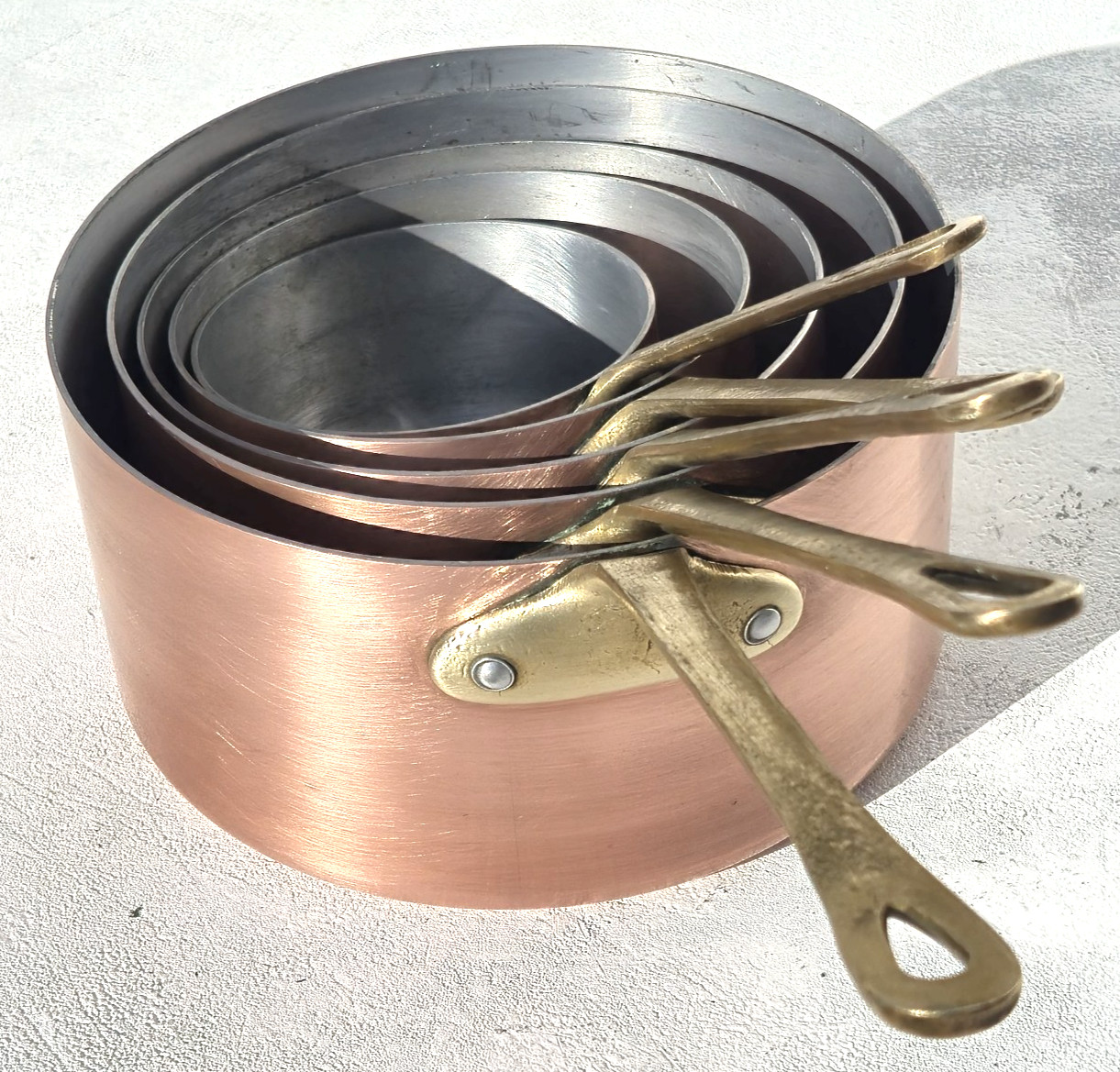 Vintage French Copper Saucepan Pan Set of 5 Bronze Handles Aluminium Lining