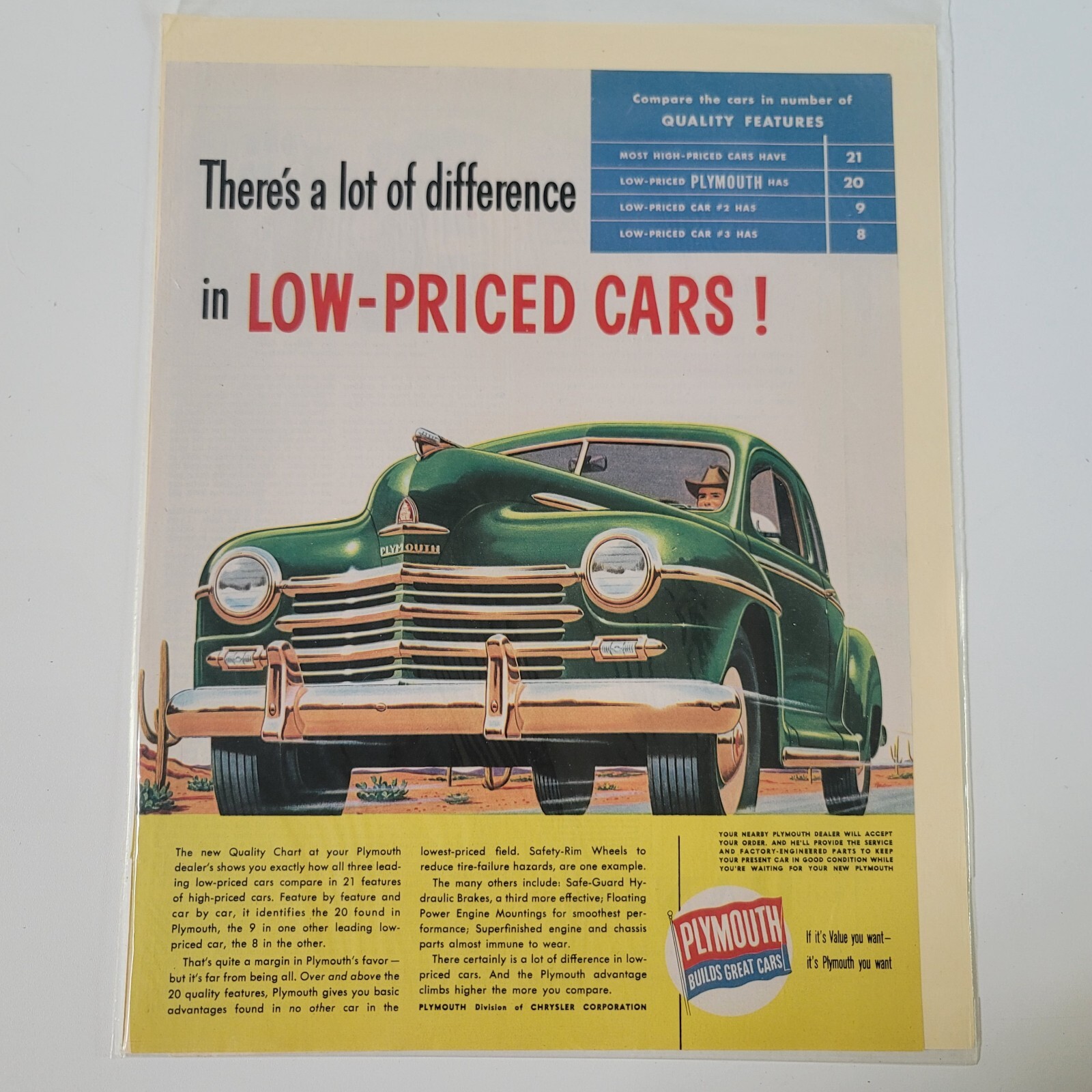 1947 Print Ad of Chrysler Plymouth Quality Chart Low-Priced Cars