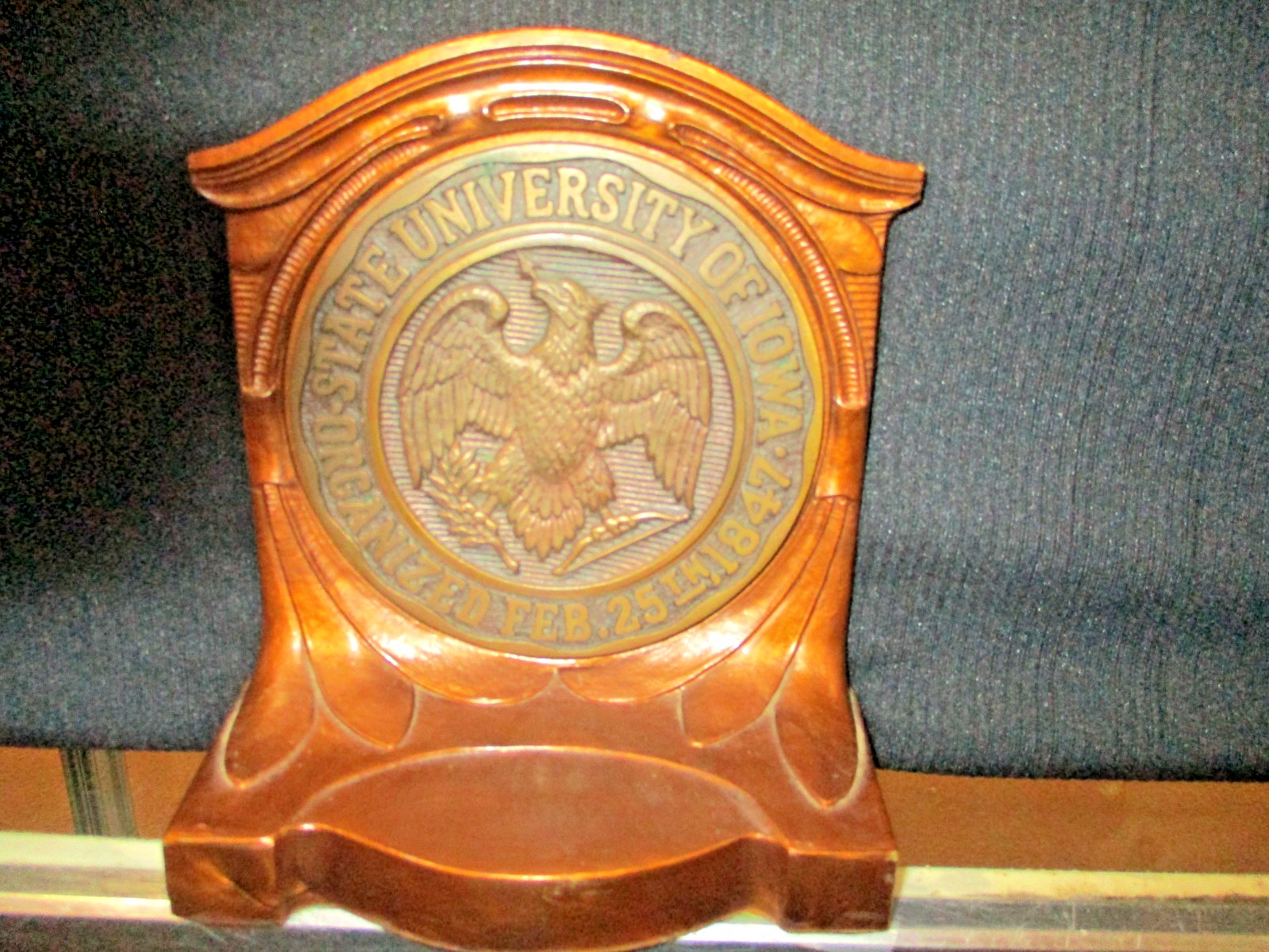 Vintage State University of Iowa Desk Plaque Brass Bookend~ 7 Inches Tall