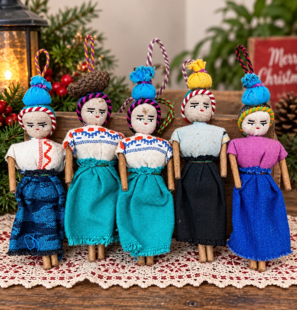 Vintage Handmade Folk Art Cloth Doll Ornaments Set of 5 6\ Vintage Handmade Folk Art Cloth Doll Ornaments Set of 5 6\