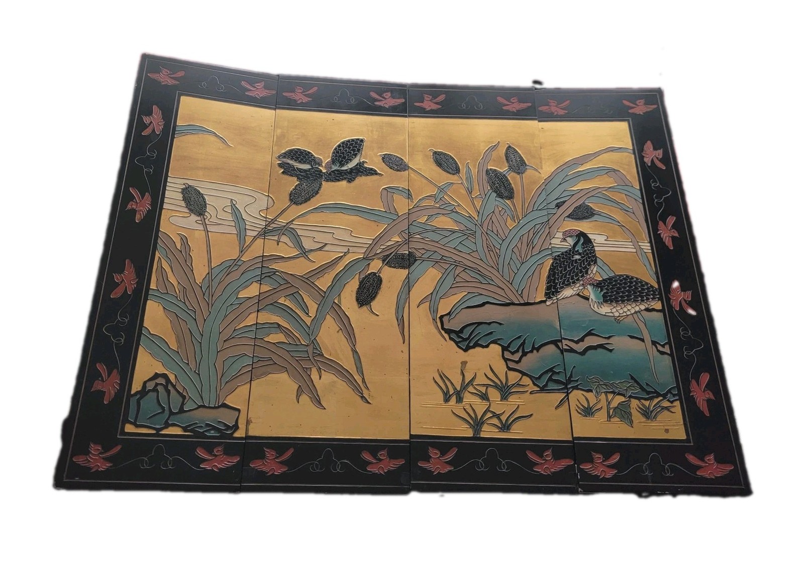 Vtg Asian Wall Art 4 Lacquer Panels Oriental MCM 48x36 Birds Hollywood Regency Vtg Asian Wall Art 4 Lacquer Panels Oriental MCM 48x36 Birds Hollywood Regency