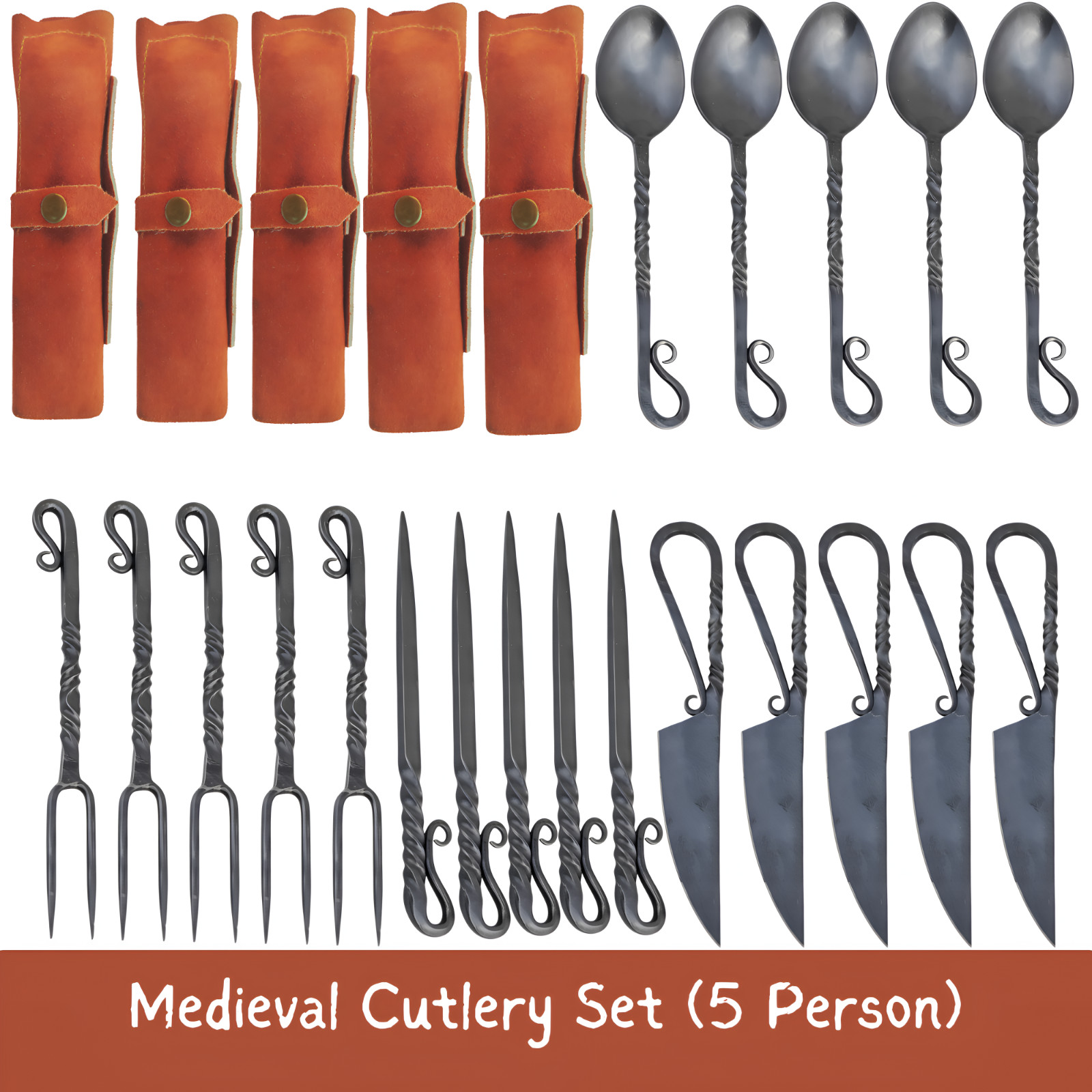 Hand Forged Medieval Cutlery Set Viking Iron Spoon Fork Knife Feasting Utensils Hand Forged Medieval Cutlery Set Viking Iron Spoon Fork Knife Feasting Utensils