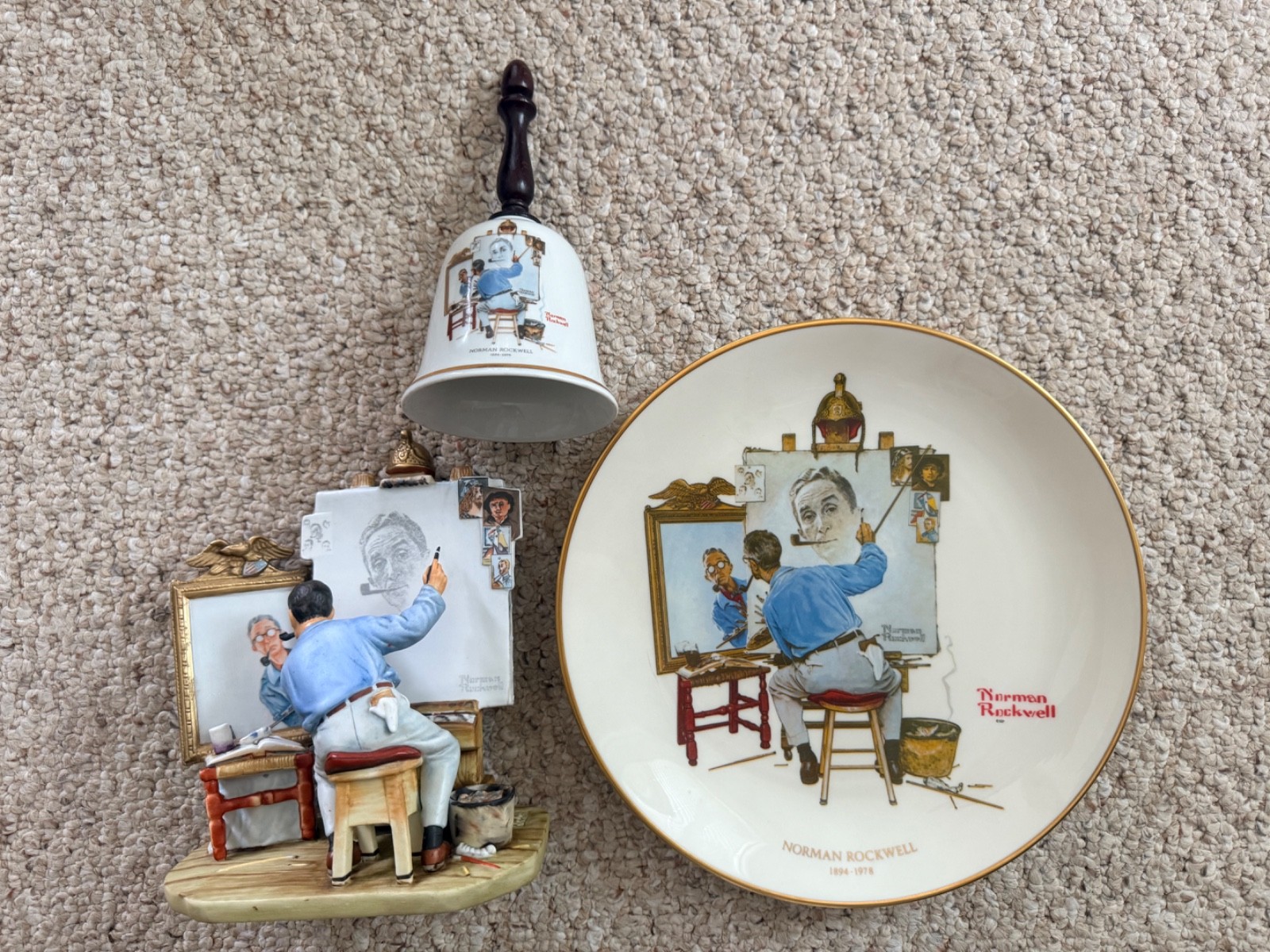 Norman Rockwell 1978 Triple Self Portrait Collectable Plate, Bell and Figurine Norman Rockwell 1978 Triple Self Portrait Collectable Plate, Bell and Figurine