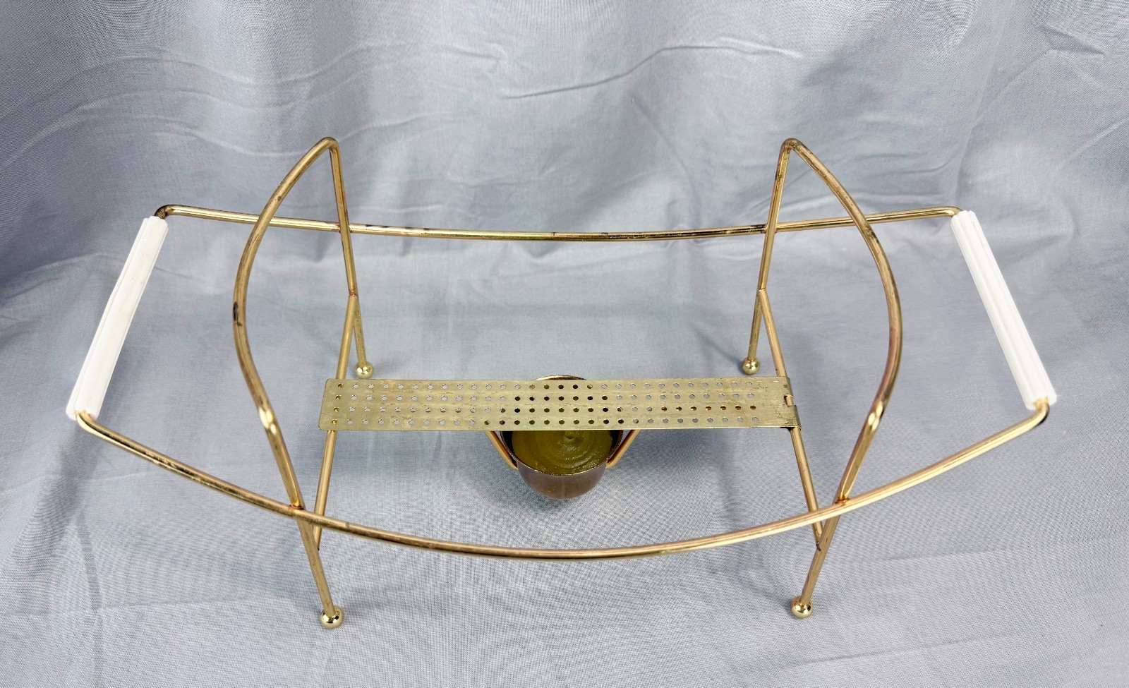 Vintage Pyrex Casserole Candle Warmer Cradle Stand Brass White Handle Fits 043