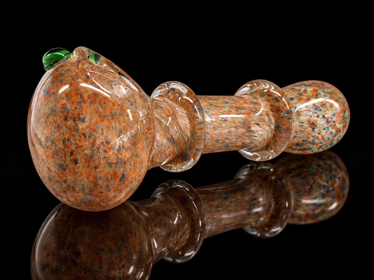 Orange Blue Speckled Glass Tobacco Hand Pipe Green Accents Ridged Rings