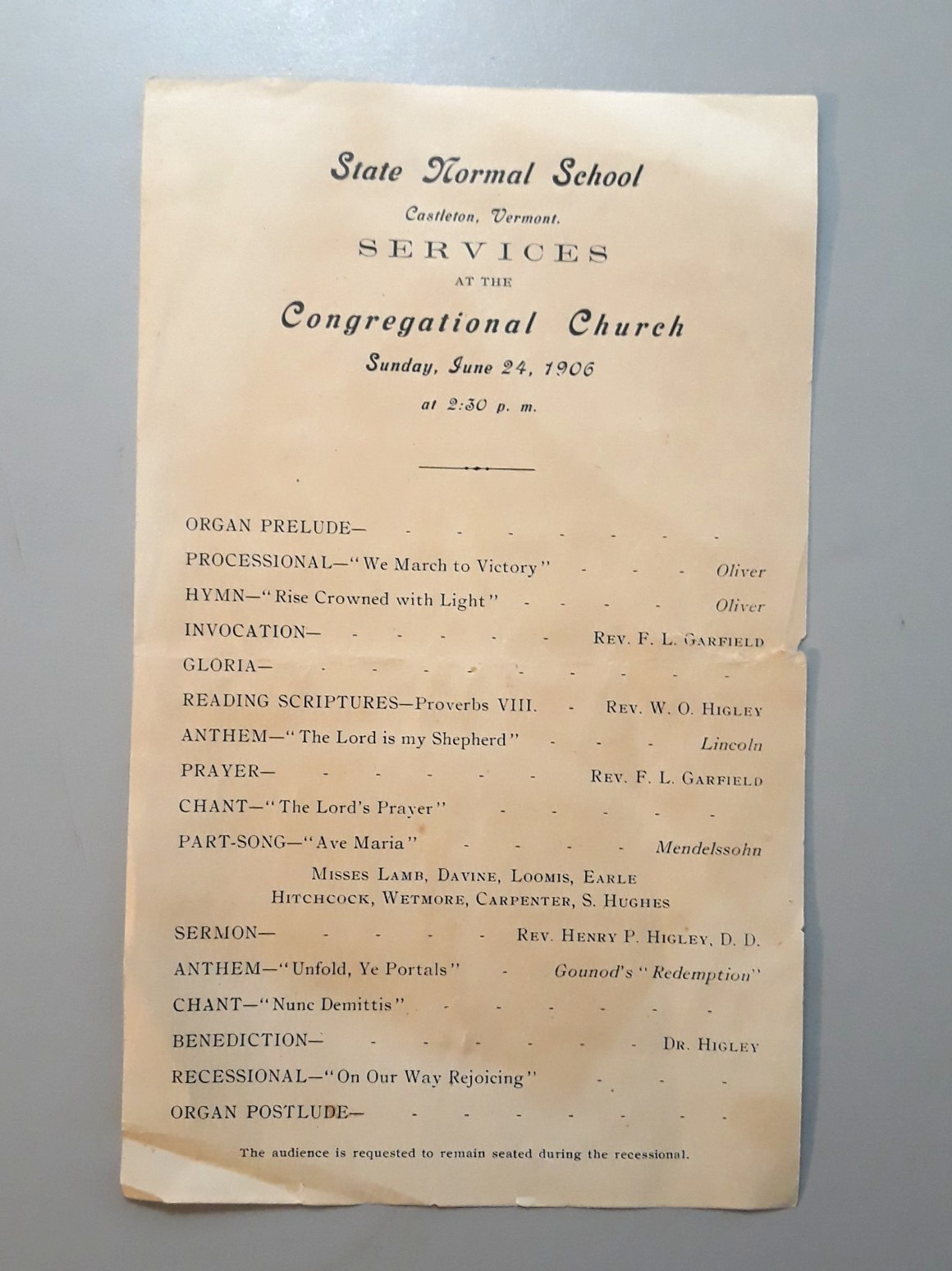 1906 State Normal School Castleton Vermont Services at the Congregational Church 1906 State Normal School Castleton Vermont Services at the Congregational Church