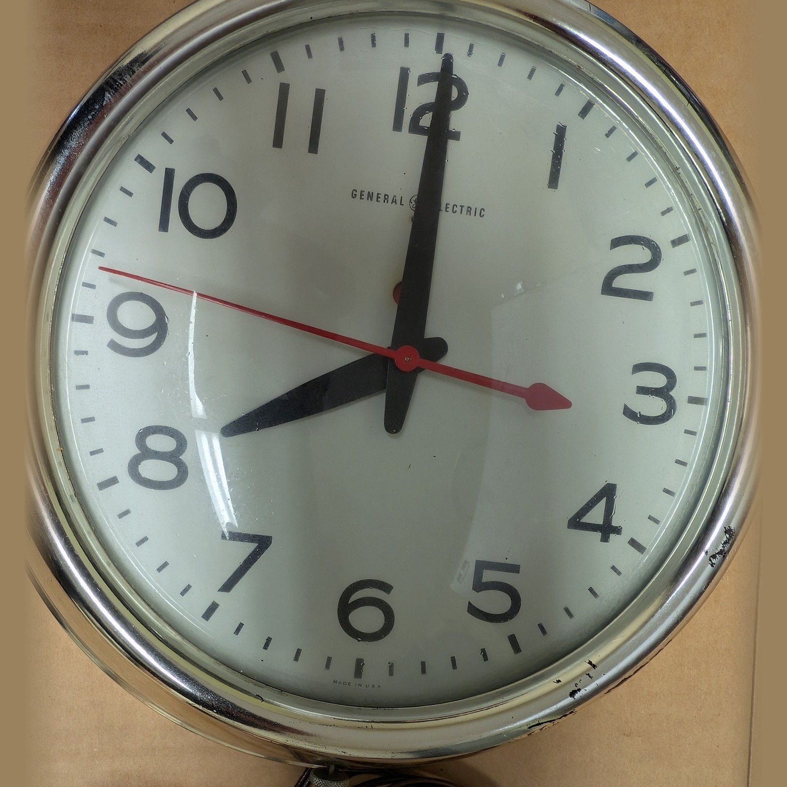 Vintage General Electric Chrome School Wall Clock Red Second Hand For Parts
