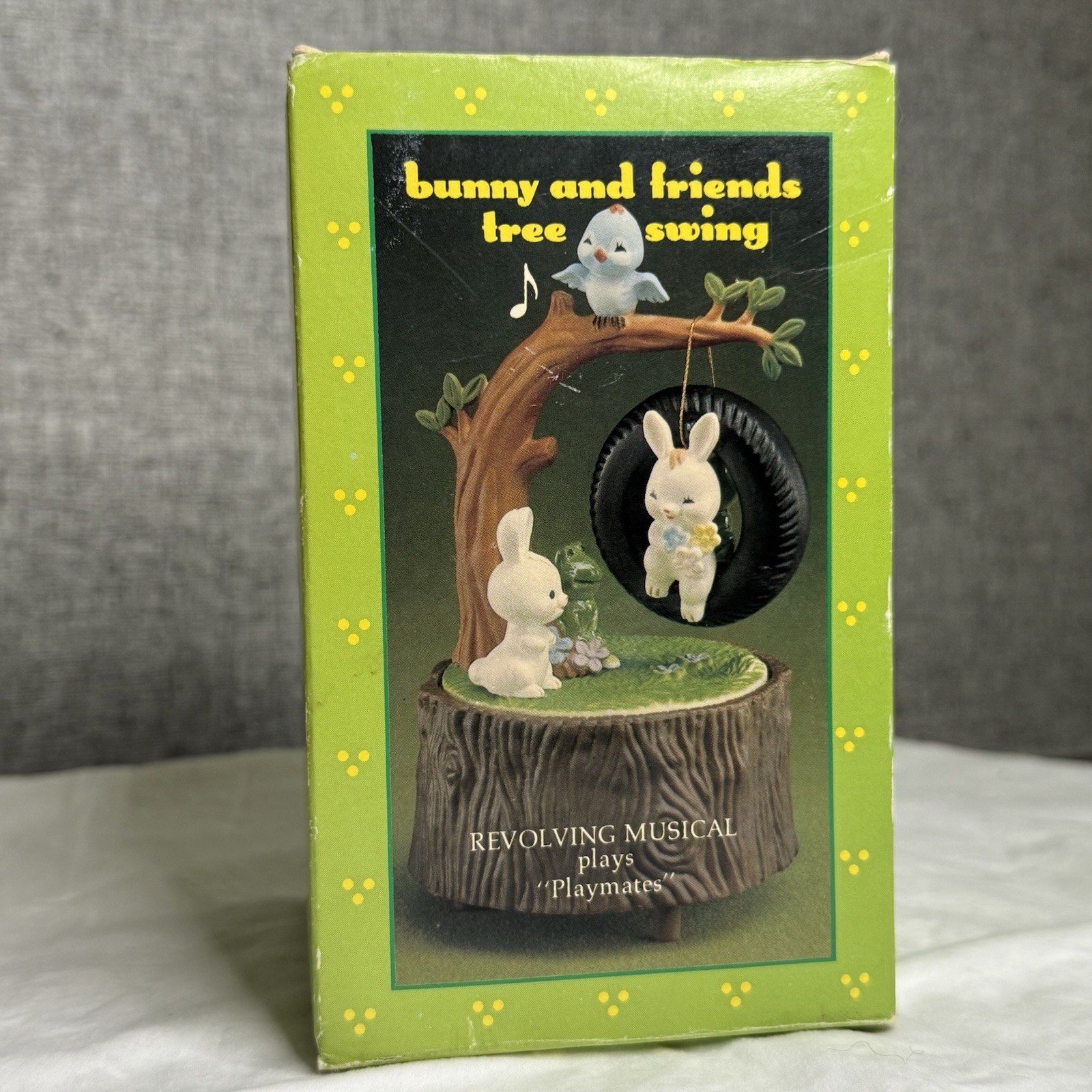 Vintage Enesco 1982 Bunny and Friends Tree Swing Music Box Figurine Easter Vintage Enesco 1982 Bunny and Friends Tree Swing Music Box Figurine Easter