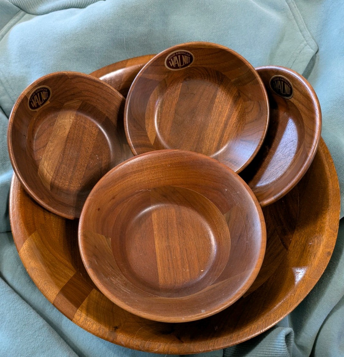 Vintage Vermillion Real Walnut Salad Bowl Set Hostess Style 5pc Variant MCM