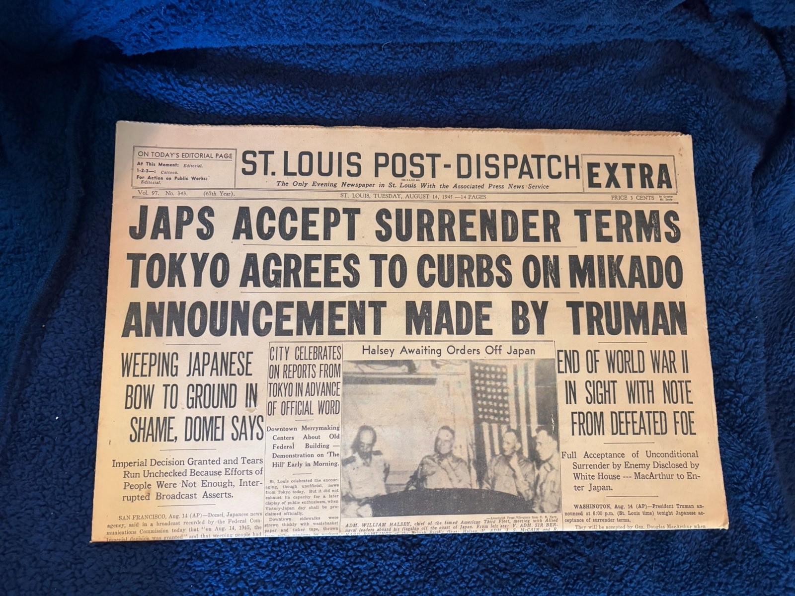 August 14 1945 St. Louis Post Dispatch Japanese Accept WWII Original Newspaper August 14 1945 St. Louis Post Dispatch Japanese Accept WWII Original Newspaper