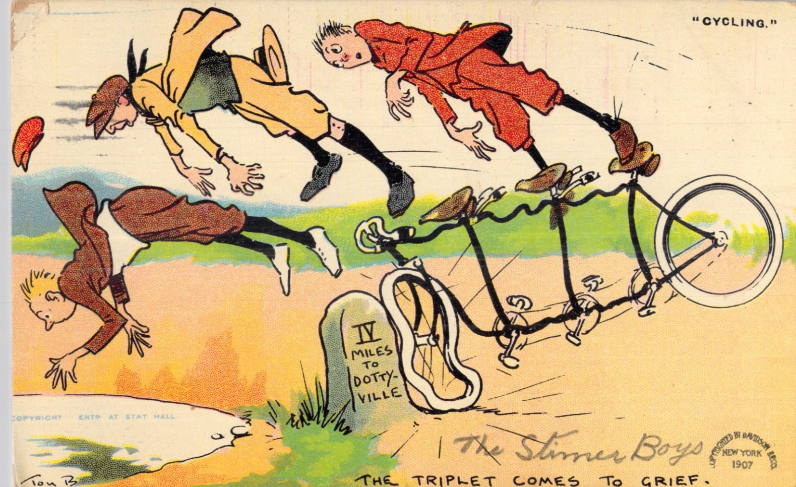 Tom Browne Comic Cycling Triplet comes to Grief Vintage 1907 Postcard 2587-1