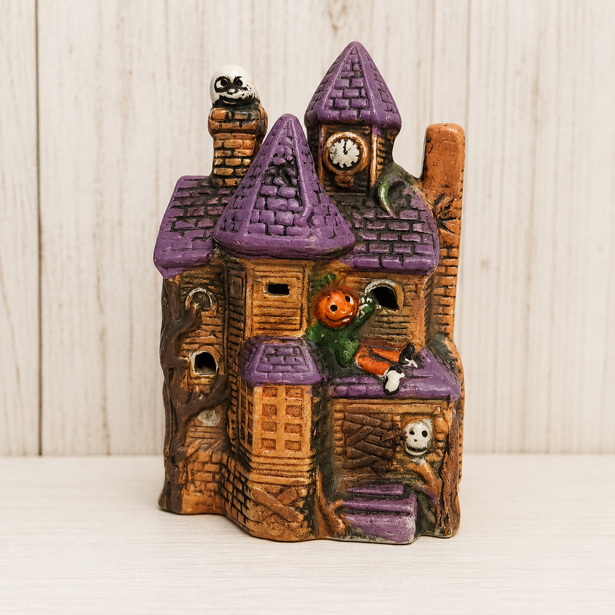 Vintage Spooky Halloween Village Lighted Porcelain 3D Jack-O-Lantern Skeletons