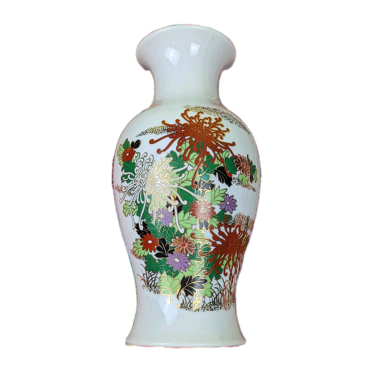 VTG Japanese Painted Ceramic Pottery Vase Floral Flowers Off White Red Green EUC