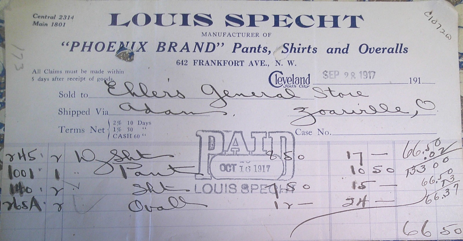 1917 Louis Specht Phoenix Brand Overalls Invoice to Ehlers Store Zoarville OH 1917 Louis Specht Phoenix Brand Overalls Invoice to Ehlers Store Zoarville OH