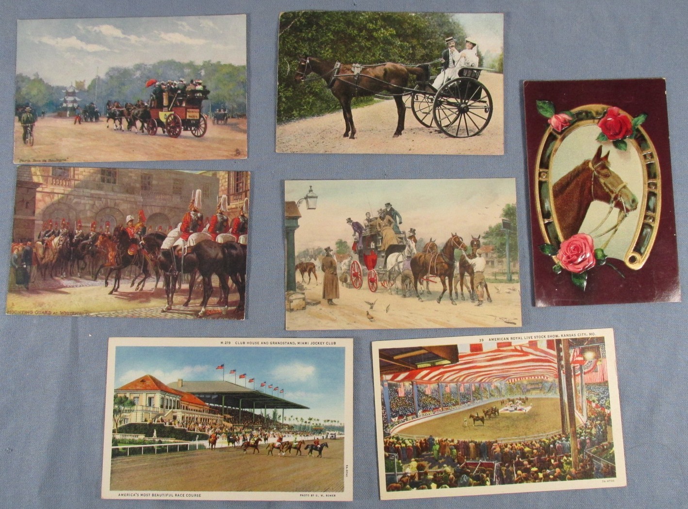 LOT of 7 Old HORSE POSTCARDS 1907 to 1937 Jockey Club Show StageCoach Tucks +++