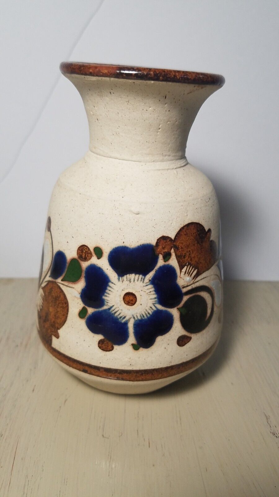 Mexico Tonala Sandstone Small Bud Vase Folk Art Cobalt Blue Flowers Pottery