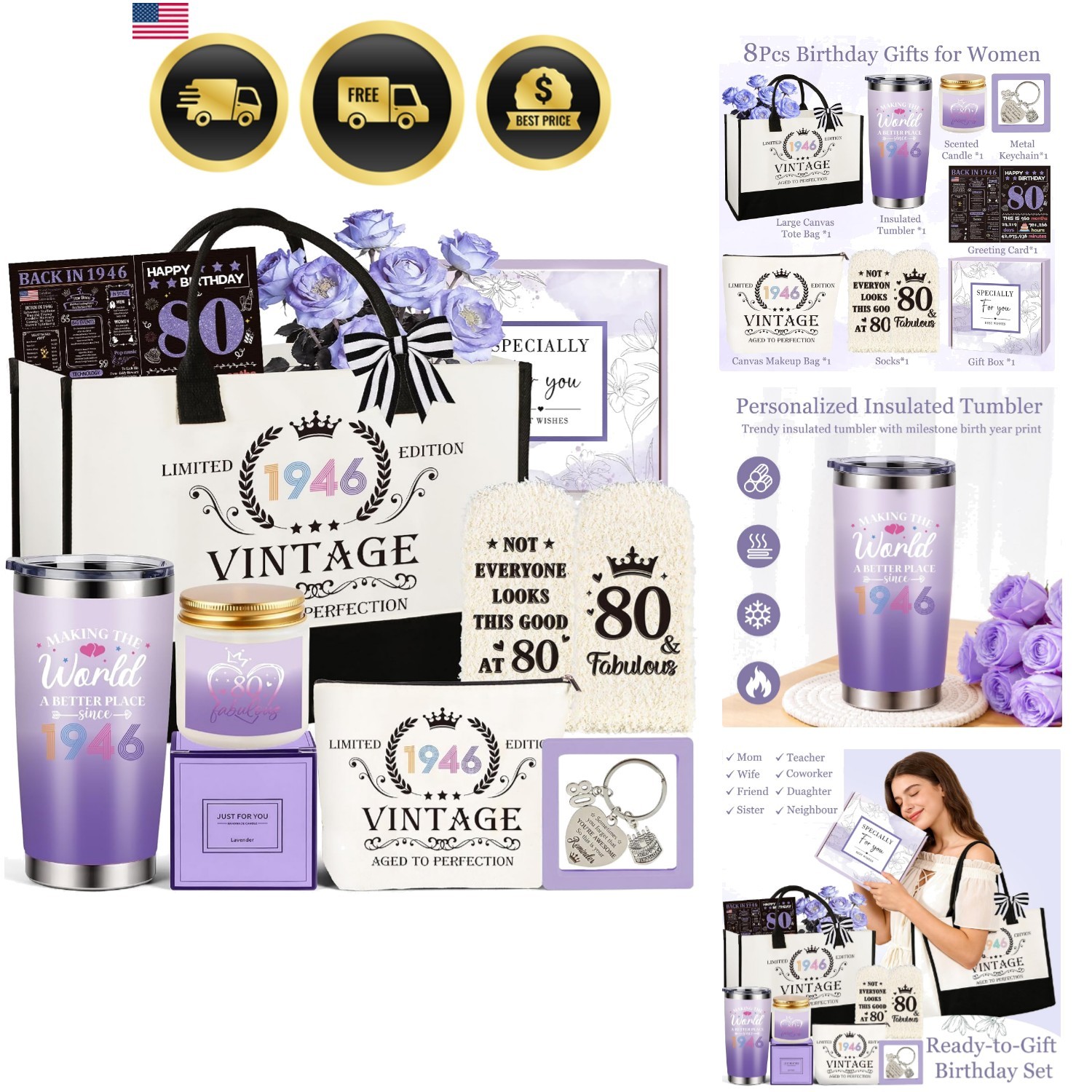 80th Birthday Gifts for Women, Vintage 1946 Happy 80th Birthday Gifts Basket ...