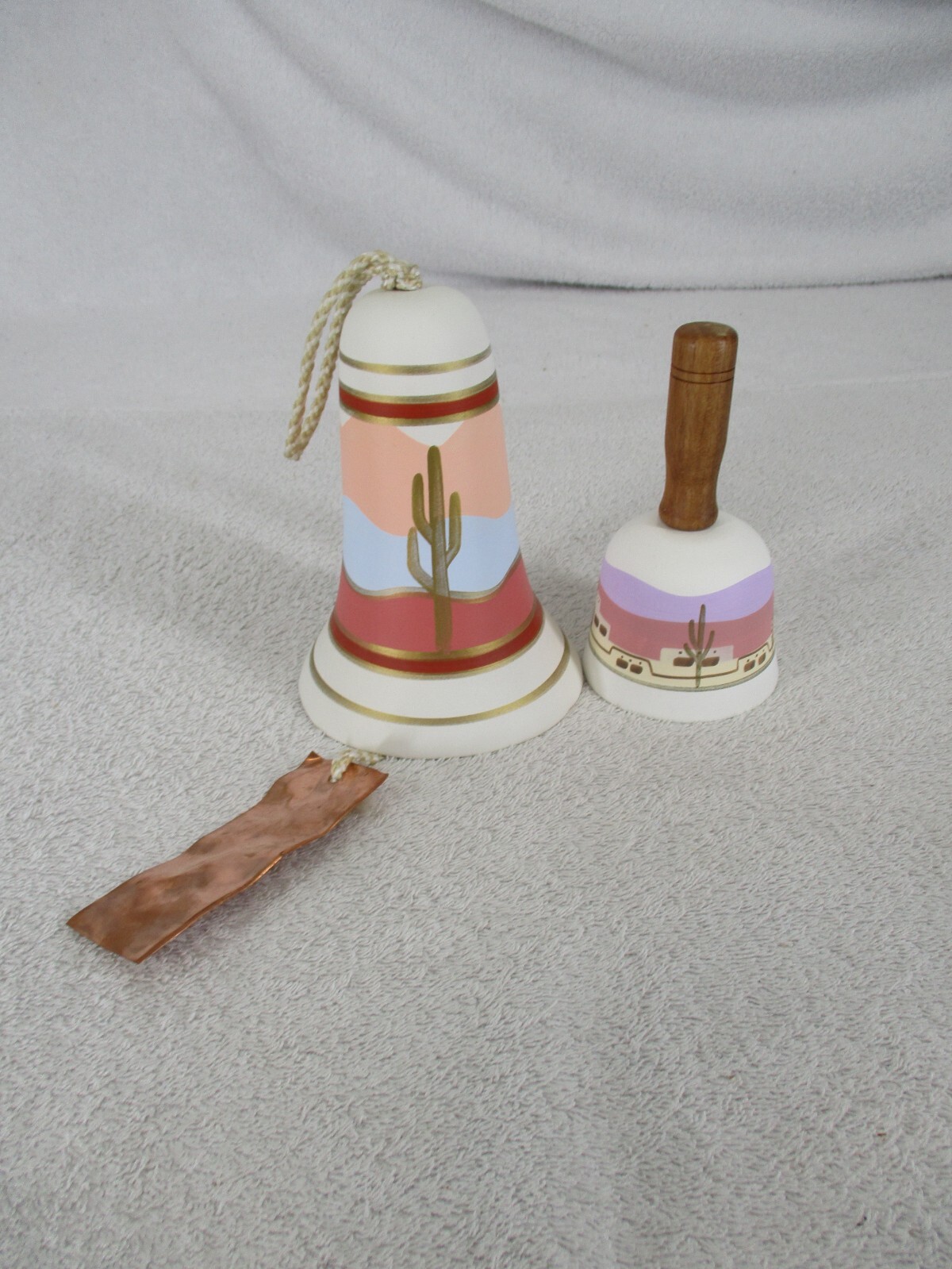Arizona Bells Tesa Hand Painted Desert Scene Clay Copper Clapper 2 Wood Handle