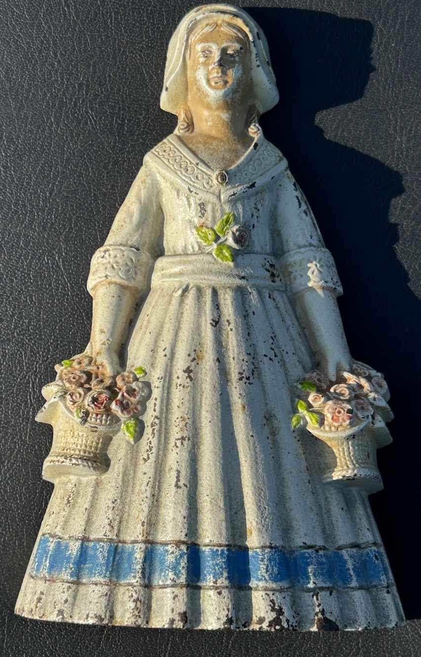 ANTIQUE SIGNED C.J.O. JUDD Cast Iron Lady with Flower Baskets Vintage Door Stop ANTIQUE SIGNED C.J.O. JUDD Cast Iron Lady with Flower Baskets Vintage Door Stop