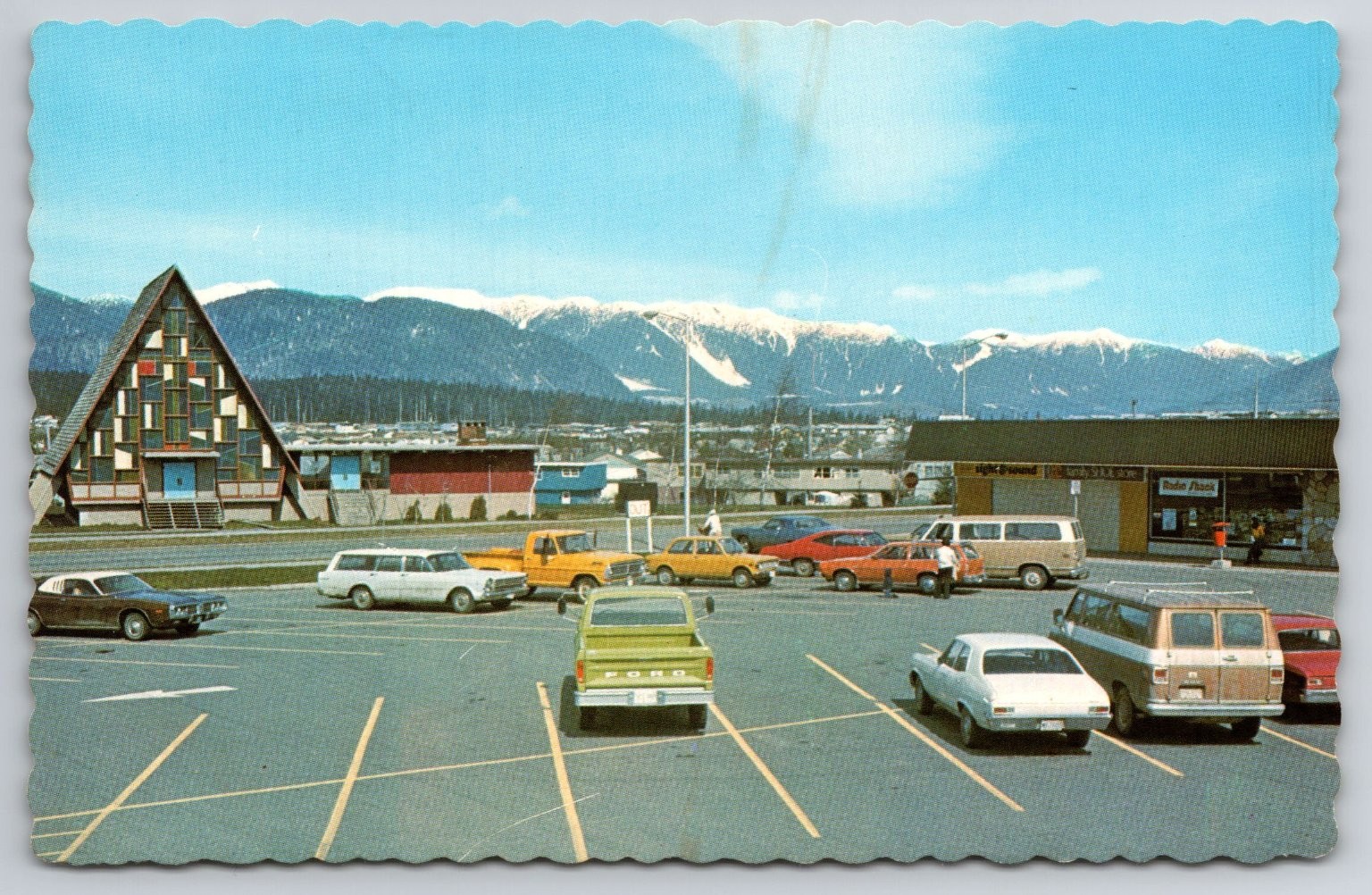 Kitimat BC Postcard 1970s Radio Shack Ford Truck Shopping Center Mountains