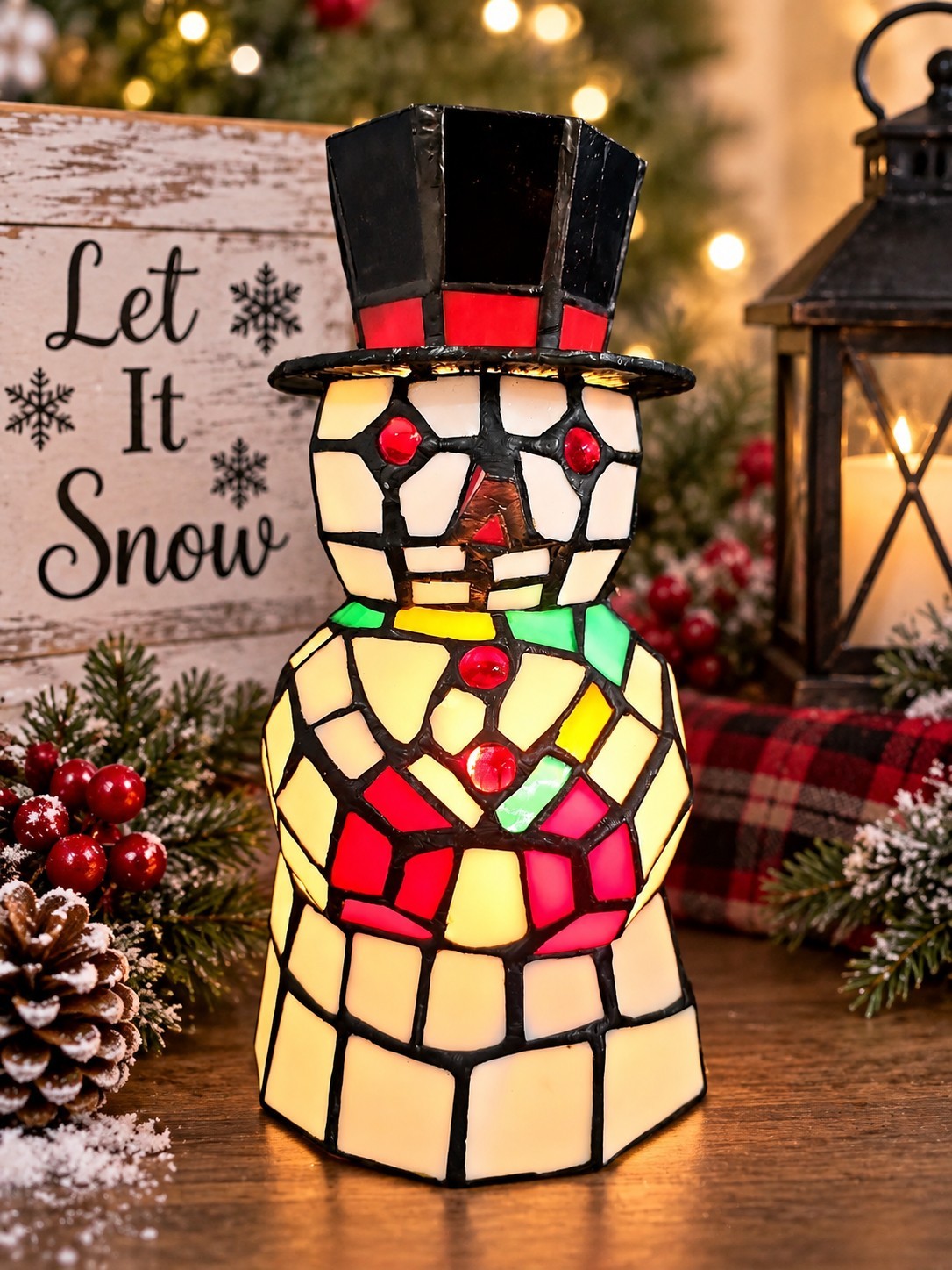 Vintage Holiday Living Tiffany Style Snowman Lamp Stained Glass Christmas 8\