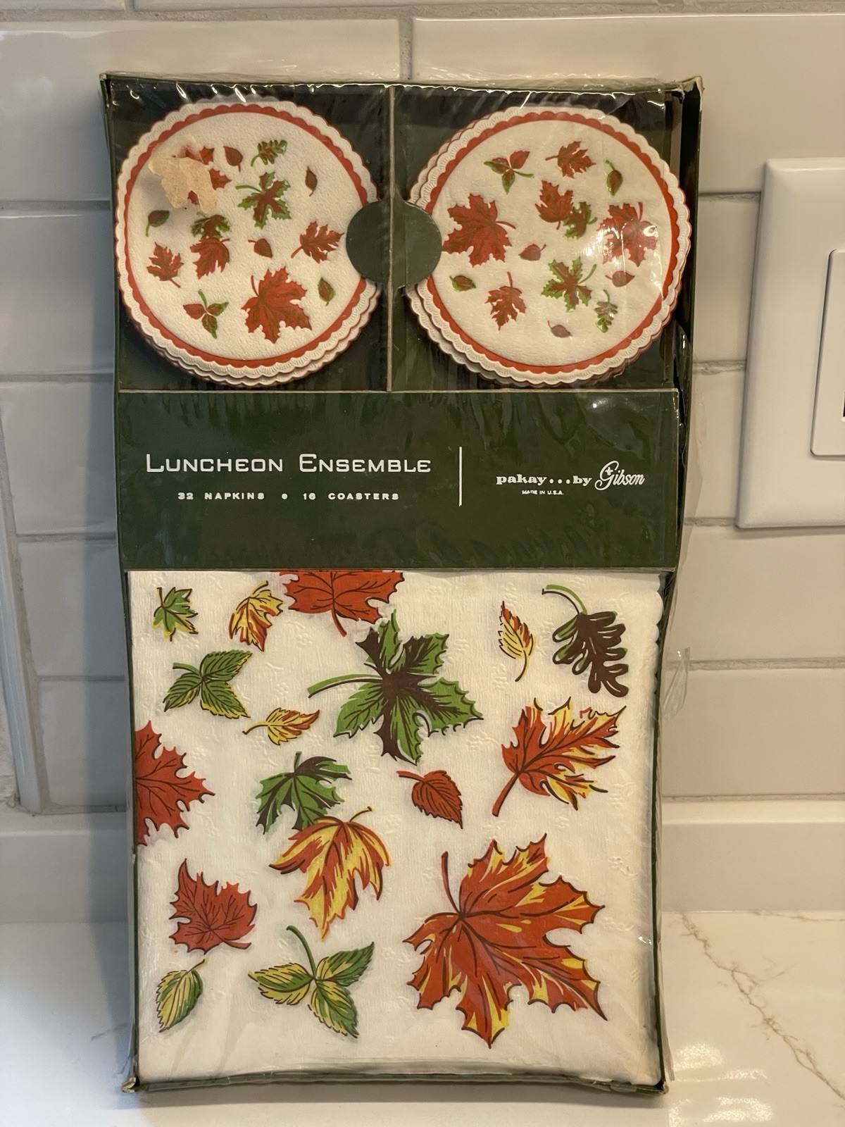 Vintage Luncheon Napkin Coaster Set Autumn Fall Leaves Event Entertain MCM Dine