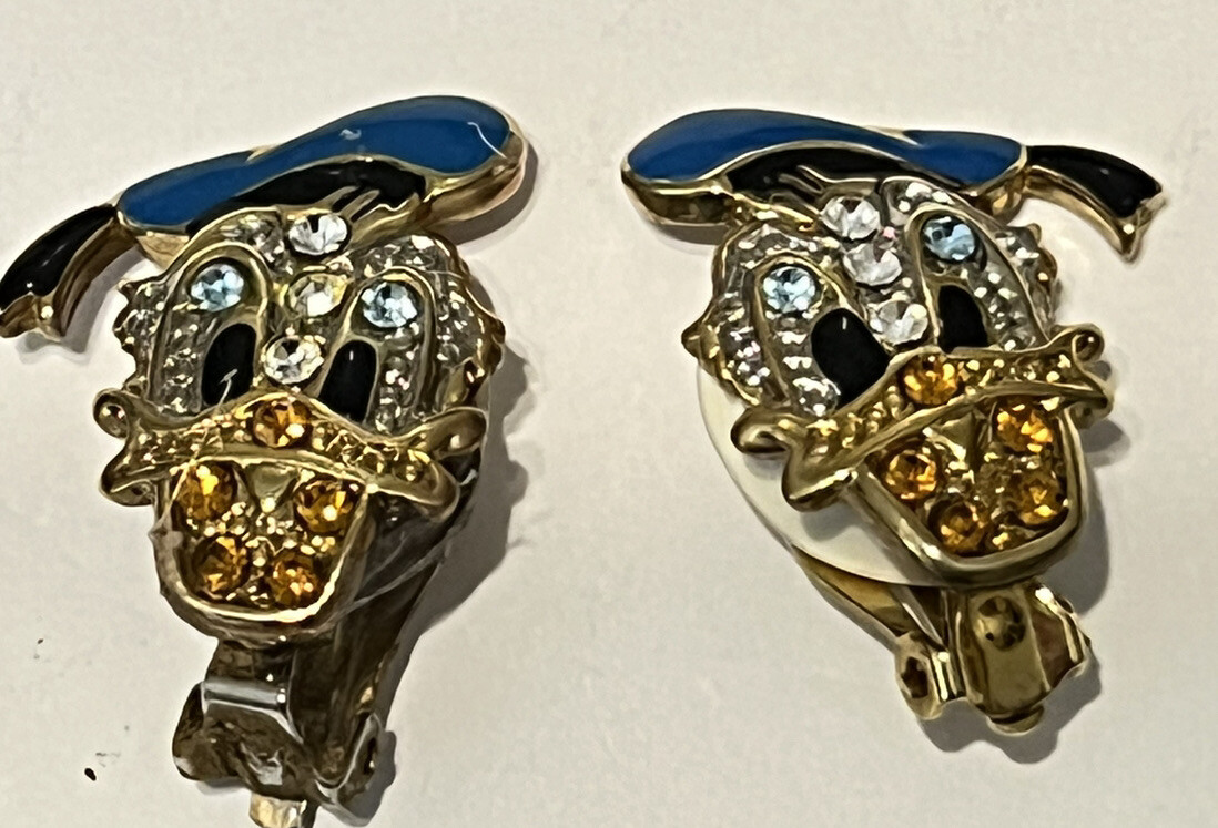 Vtg Disney Donald Duck Face Head Rhinestone Enamel Clip On Earrings Vtg Disney Donald Duck Face Head Rhinestone Enamel Clip On Earrings