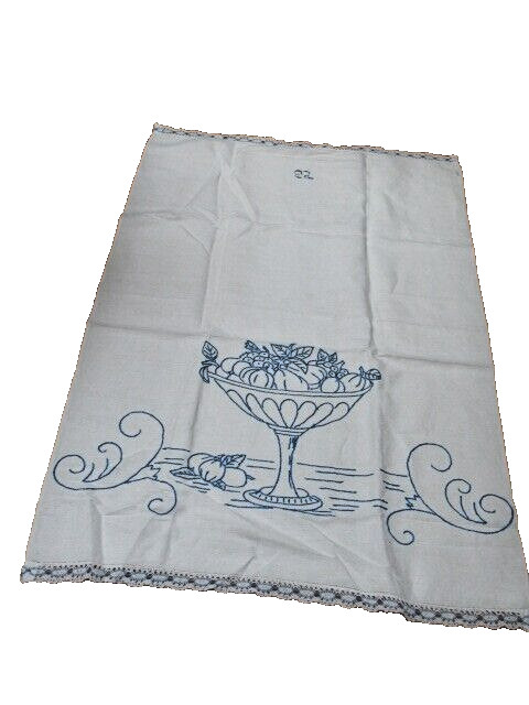 Vintage White Linen Large 35x23 Kitchen Bath Towel Embroidered Blue Fruits