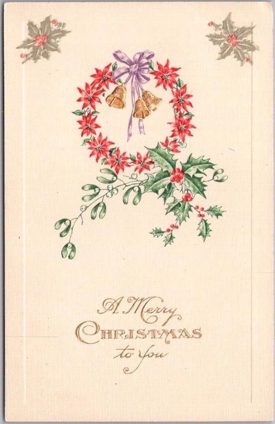 c1910s MERRY CHRISTMAS Embossed Postcard Poinsettia Flowers / Gold Bells / Holly