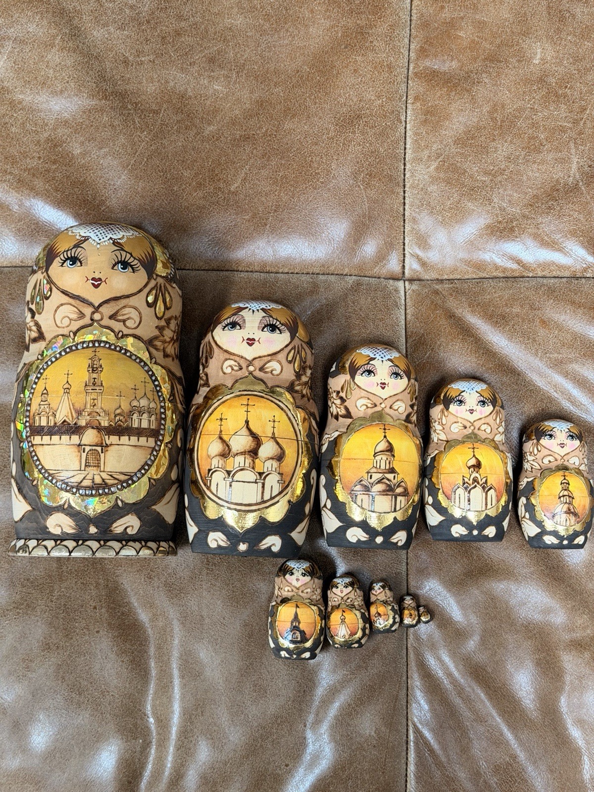 Vintage Russian Nesting Dolls Set of 10 Signed 1999 Sergiev Posad Gold Churches Vintage Russian Nesting Dolls Set of 10 Signed 1999 Sergiev Posad Gold Churches